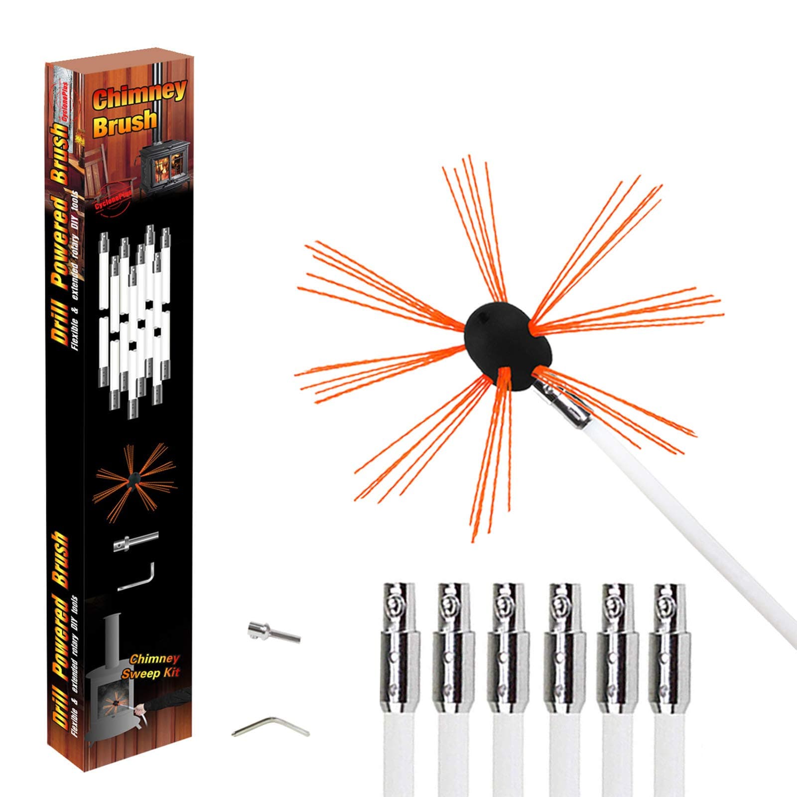 Chimney Brush-Electrical Drill Drive Sweeping Cleaning Tool Kits with Nylon Flexible Rods(8 rods)