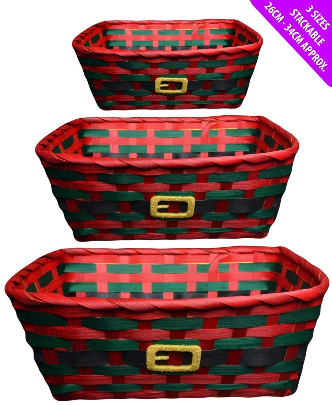 Theme Machine Set of 3 Traditional Christmas Santa Stackable Wicker Baskets Picnic Laundry Hampers
