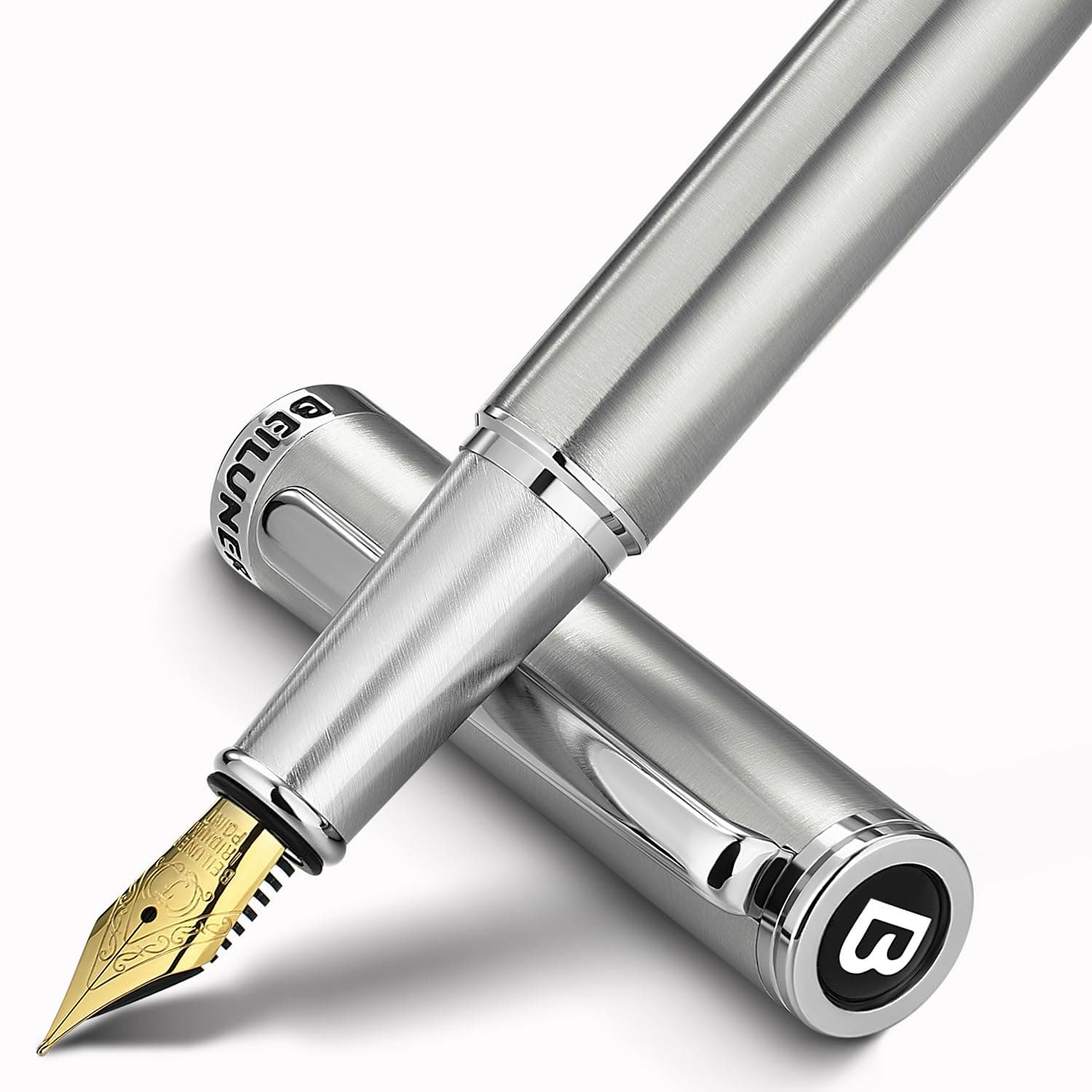 BEILUNER Luxury Fountain Pen Set, Solid 24K Gilded Fine Nib, Silver Stainless Steel Body- Includes 6 Ink Cartridges & Ink Refill Converter with Gift Case - Perfect for Men and Women