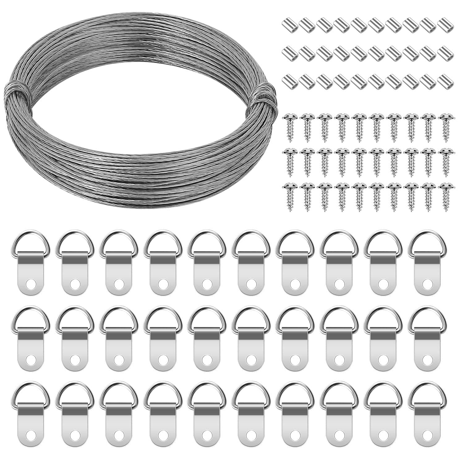 Picture Hanging Hardware with Wire - ROBUST 91pcs Picture Hanging Kit, Wall Hooks for Hanging Pictures with Wire, Screw, D Ring, Loop Sleeves for Picture Frame, Mirror, Art(N8)