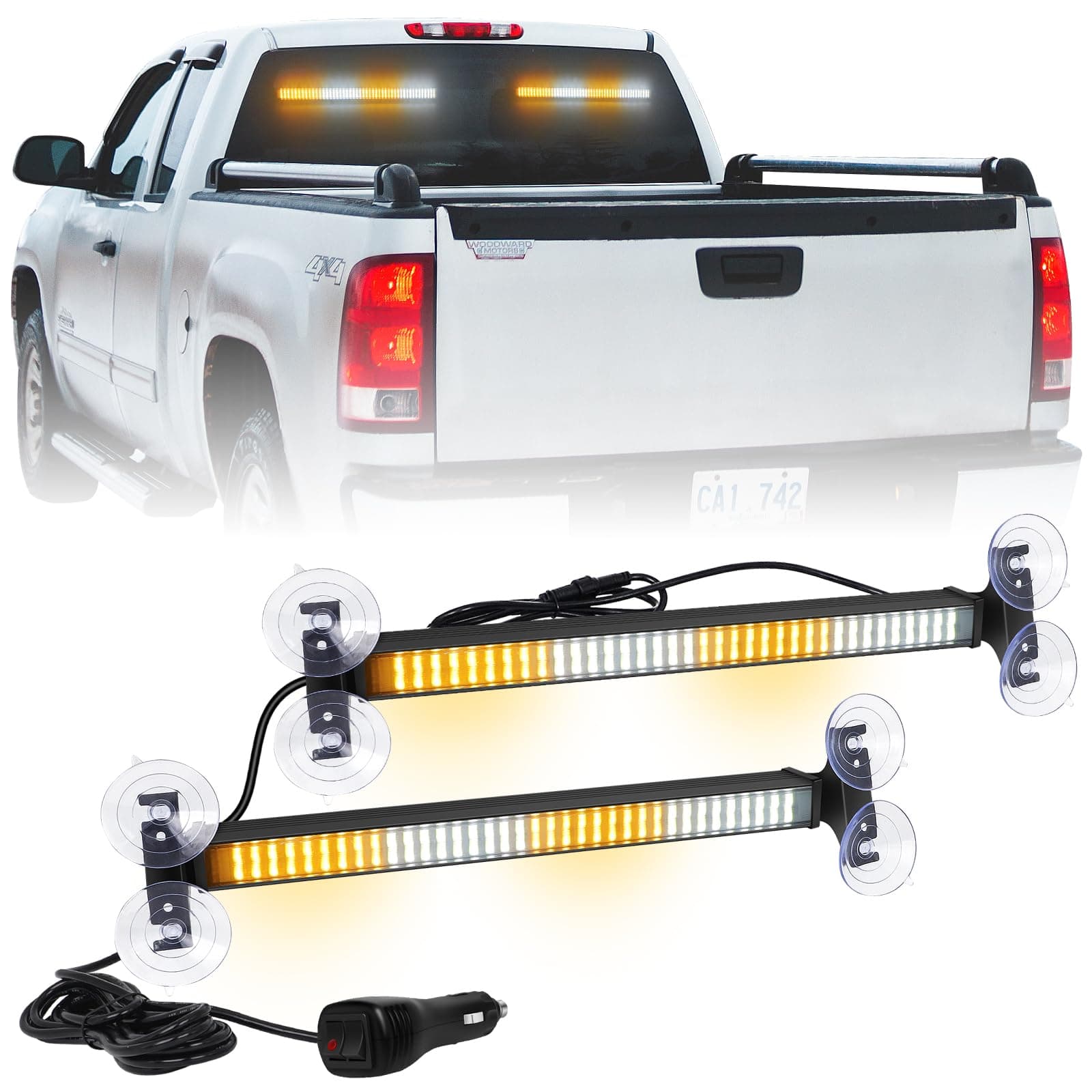 XRIDONSEN 2 in 1 Emergency Strobe Traffic Advisor Light Bar 144 LED Warning Hazard Safety Interior Windshield Dash Lights Deck Split Mount for Construction Vehicles Trucks (2x17.7 inch, Amber/White)