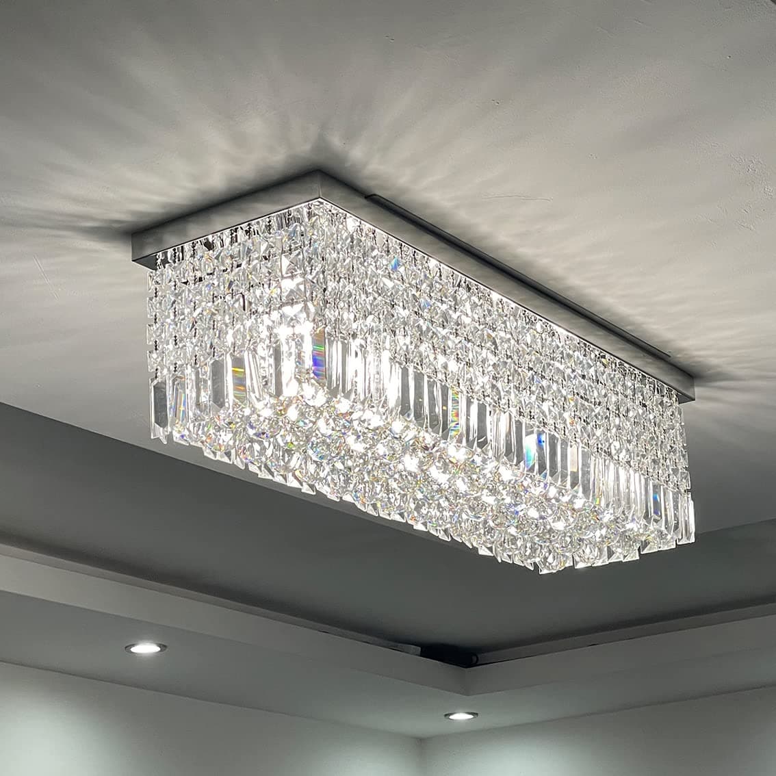 Modern Crystal Chandelier Lights Luxury Rectangle Raindrop Elegant Ceiling Light Chrome Flush Mount LED Pendant Lighting Fixture for Livingroom, Dining Room, Foyer, Stairway, Lounge, Bar, Club