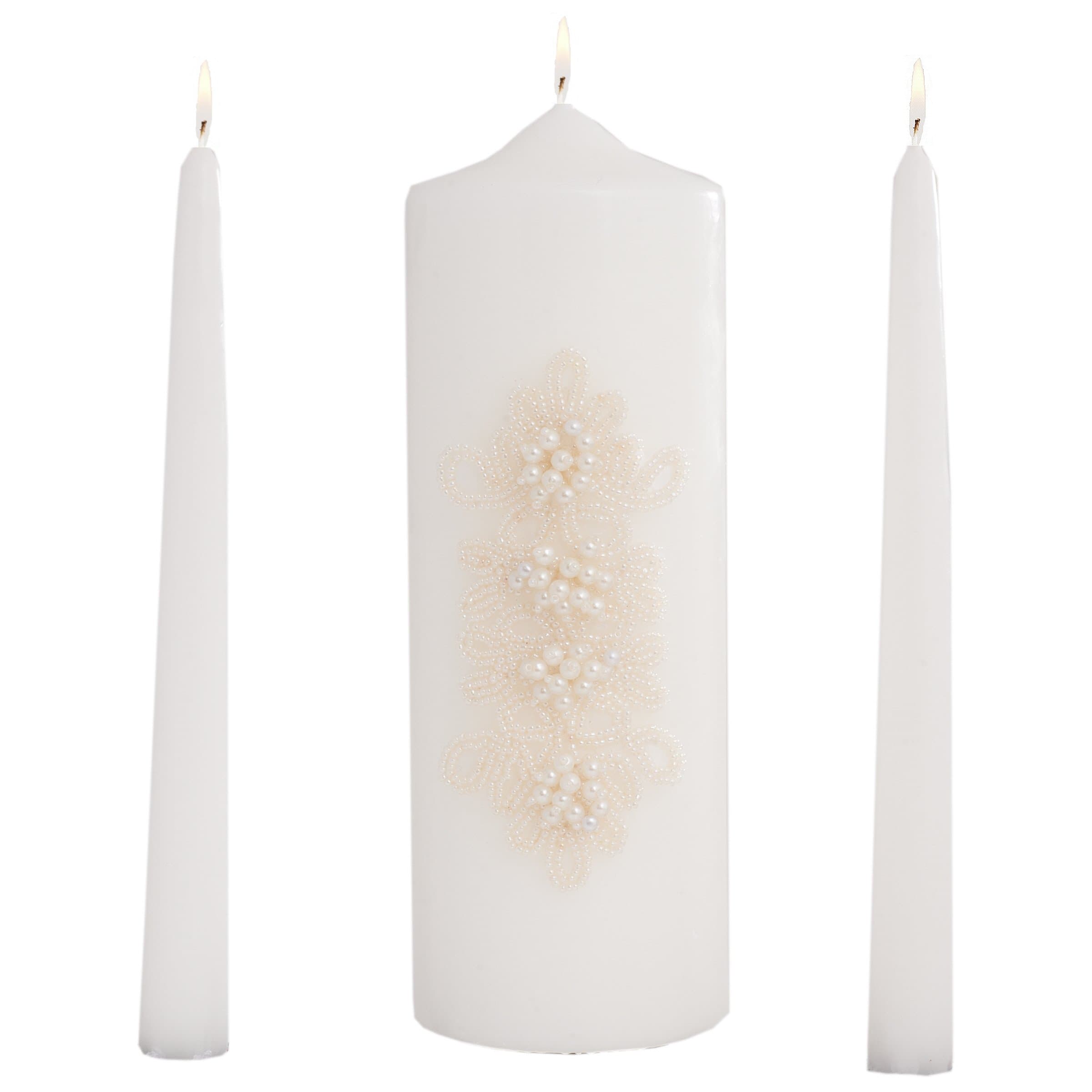 Celebration Candles Wedding Unity Candle Set, with 9-inch Pillar Candle with Beaded Cluster Appliqué, with 10-inch Drip less Tapers, White