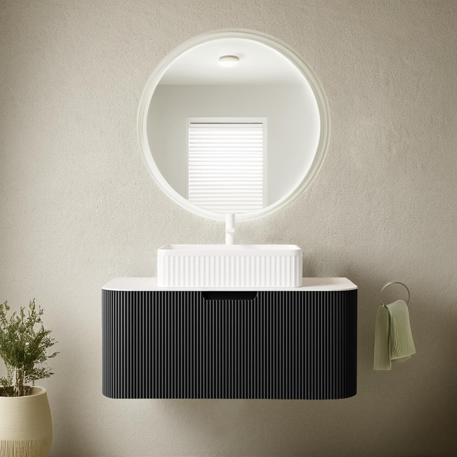 36'' Floating Bathroom Vanity with Sink, Modern Solid Wood Bathroom Vanities with Rectangular Ceramic Basin and Marble Top, Soft-Close Design, Large Storage Drawer, Pre-Assembled Cabinet, Gloss Black