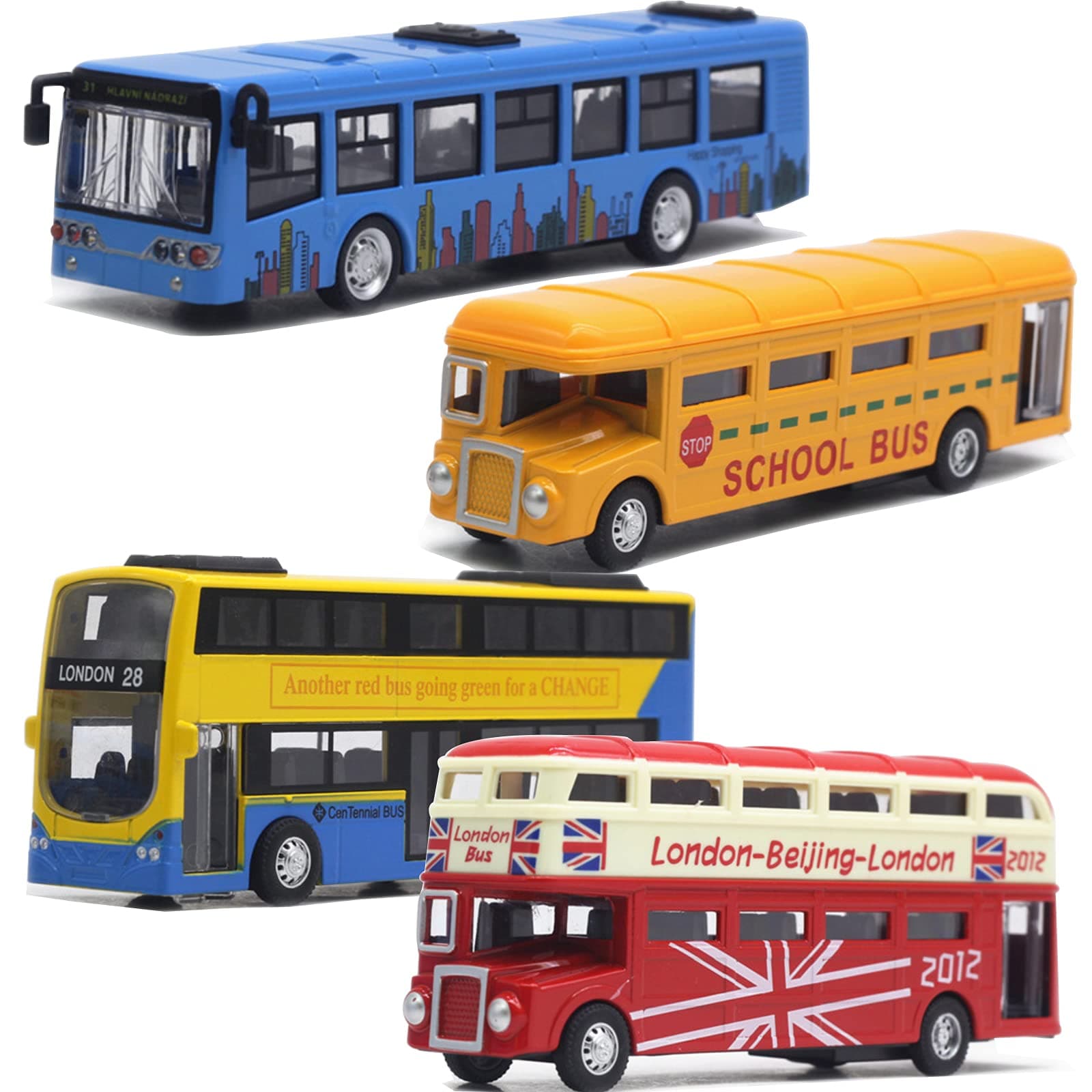 OTONOPI Bus Toys Pull Back School Bus Double Decker London Vehicles City Sightseeing Tour Bus Die Cast Metal Toy Cars Friction Powered Play Vehicle Toy Set for Kids 4 Pack