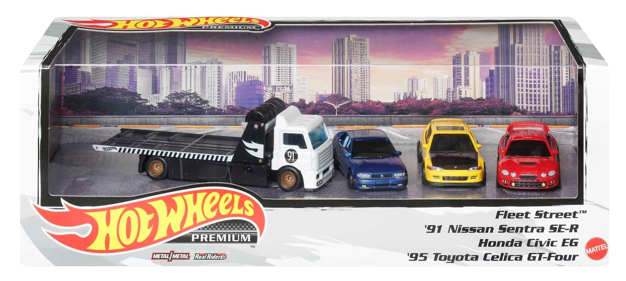 Hot Wheels Premium Collect Display Sets with 3 1:64 Scale Die-Cast Cars & 1 Team Transport Vehicle, Collectors’ Favorites, 2 Sets in The Assortment for Collectors of All Ages