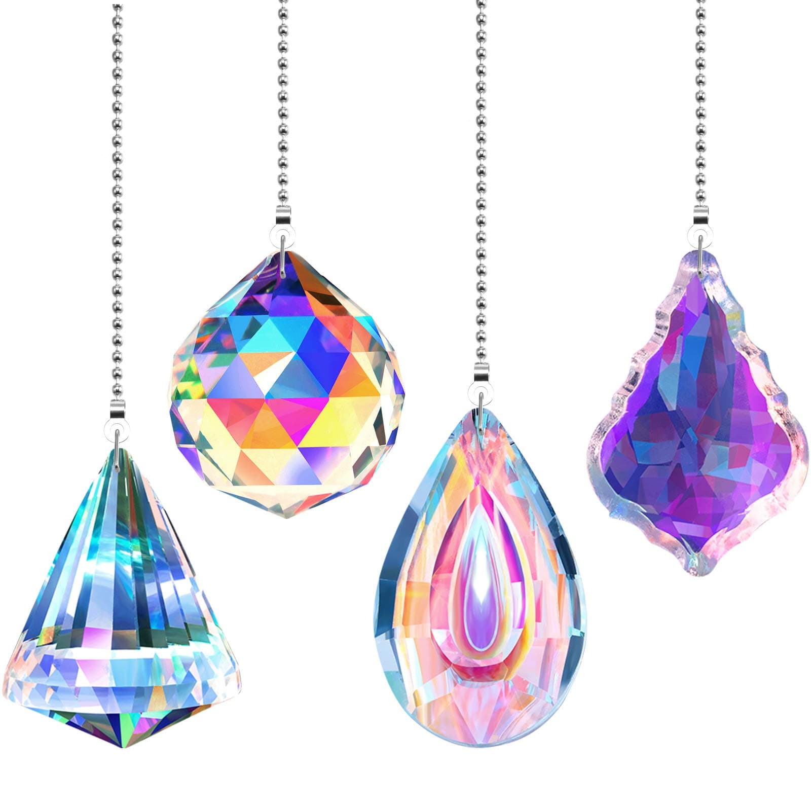 Honoson 4 Pieces Crystal Suncatcher Ceiling Fan Pull Chain Colorful Maker Pull Chain Extension with Connector for Bathroom Toilet Light Ceiling Light Fan (Longan, Round, Polygon, Quadrilateral)