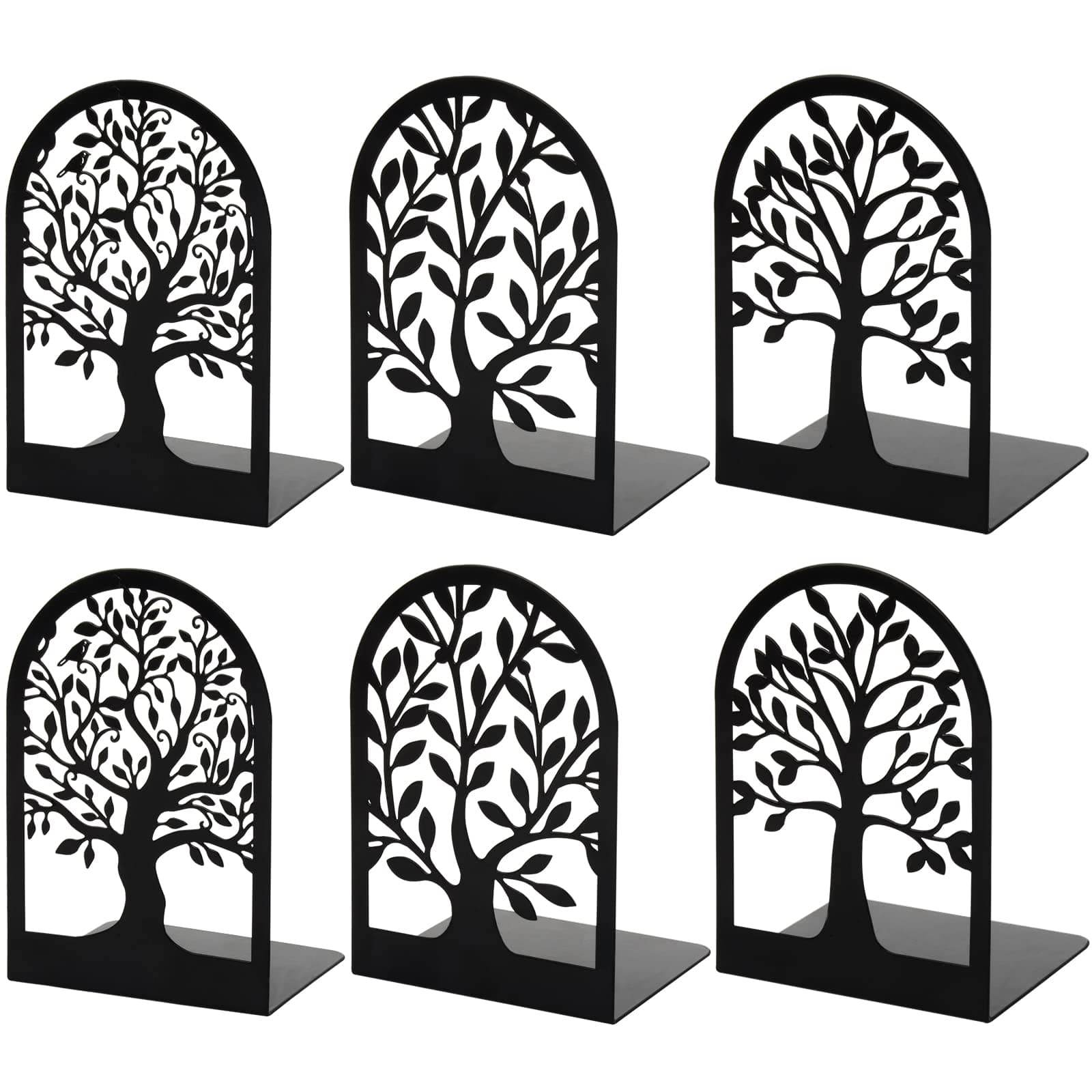 HappyHapi Book Ends, Metal Bookends for Shelves Decorative, Tree Stopper for Heavy Books, Black Ends to Hold Books for Home Office, 6.5 X 4.7 X 3.5 Inch(3 Pairs/6 Pcs, Large)