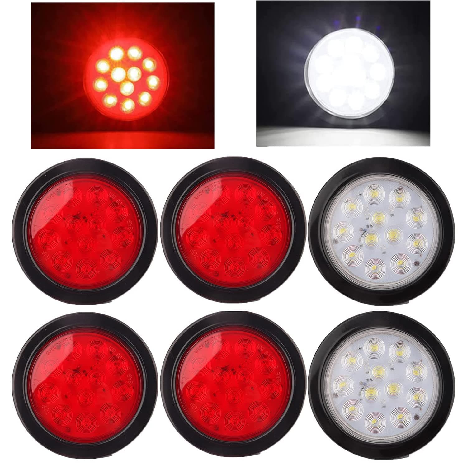 4" Round LED Trailer Tail Light Red, 4 Inch Round Led Stop Turn Tail Lights Brake Trailer Lights for RV Trucks with 12 LED, Include Rubber Grommets and 3-Prong Wire Pigtails 6PCS