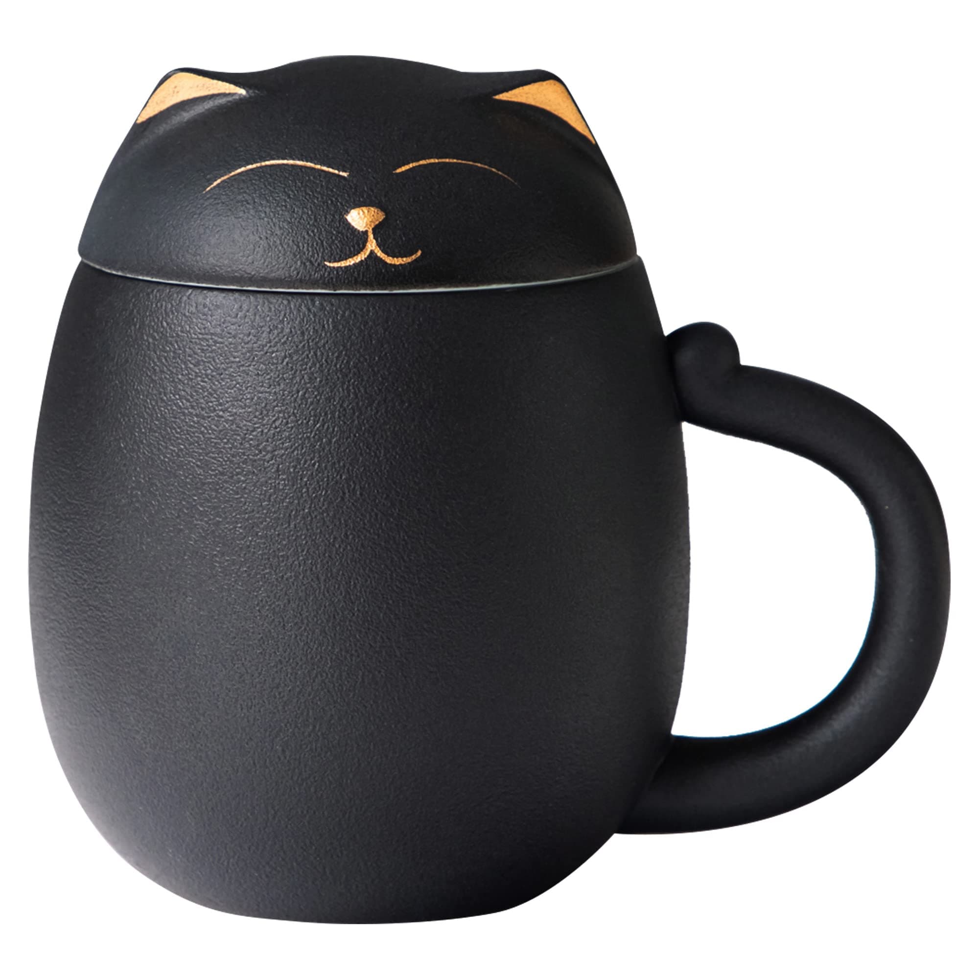 HEER Ceramic Tea Mug with Infuser and Lid, Cute Cat Tea Cup with Filter for Steeping Loose Leaf, Chinese Handmade Porcelain Teacup for Home Office. (Black)