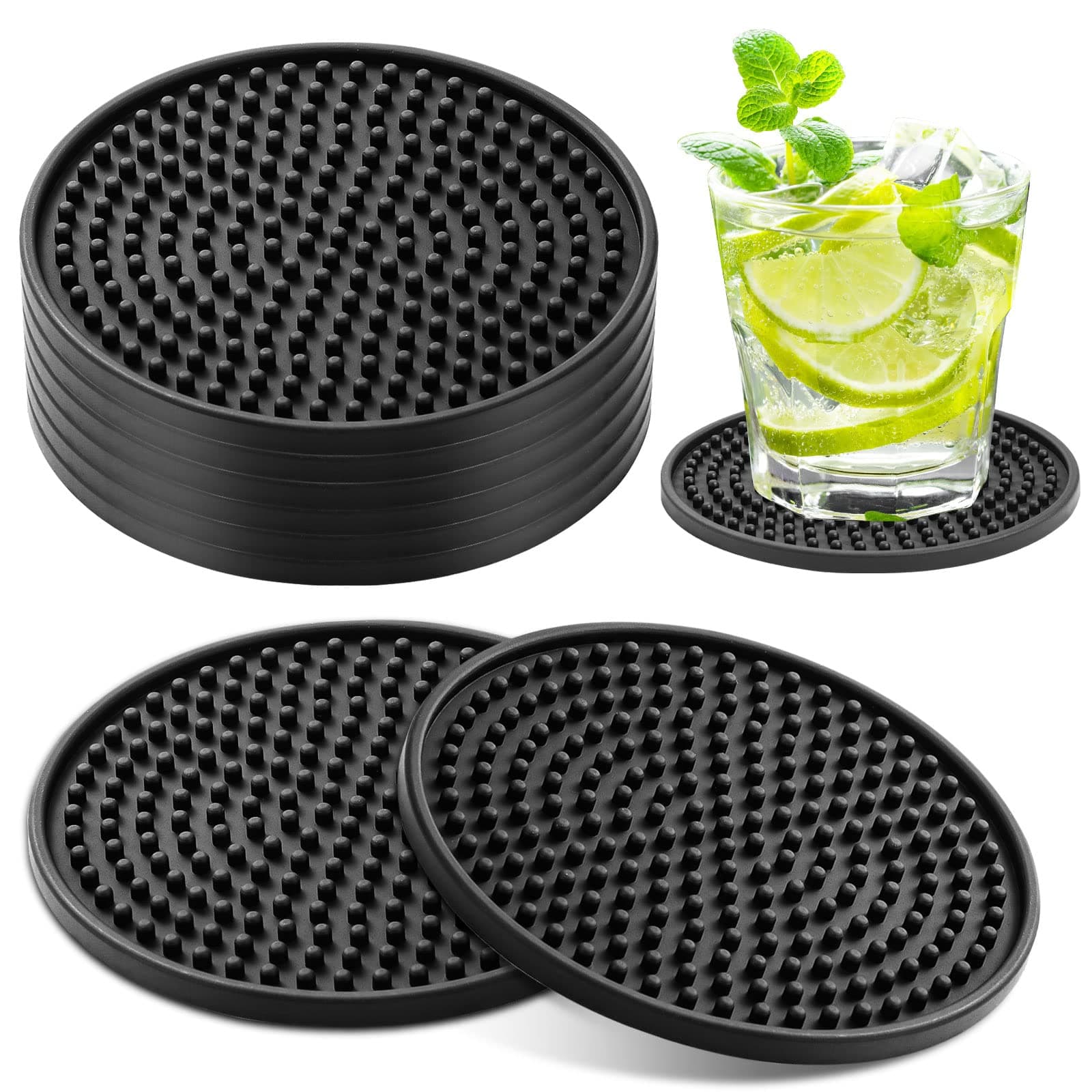 8 PCS Black Coasters, Silicone Thick Design(0.2inch) Round Mugs Coasters Set of 8 for Drinks, Raised Anti-Skid Design Coffee Pads Beer Bar Mat, 10 * 10 * 0.5cm