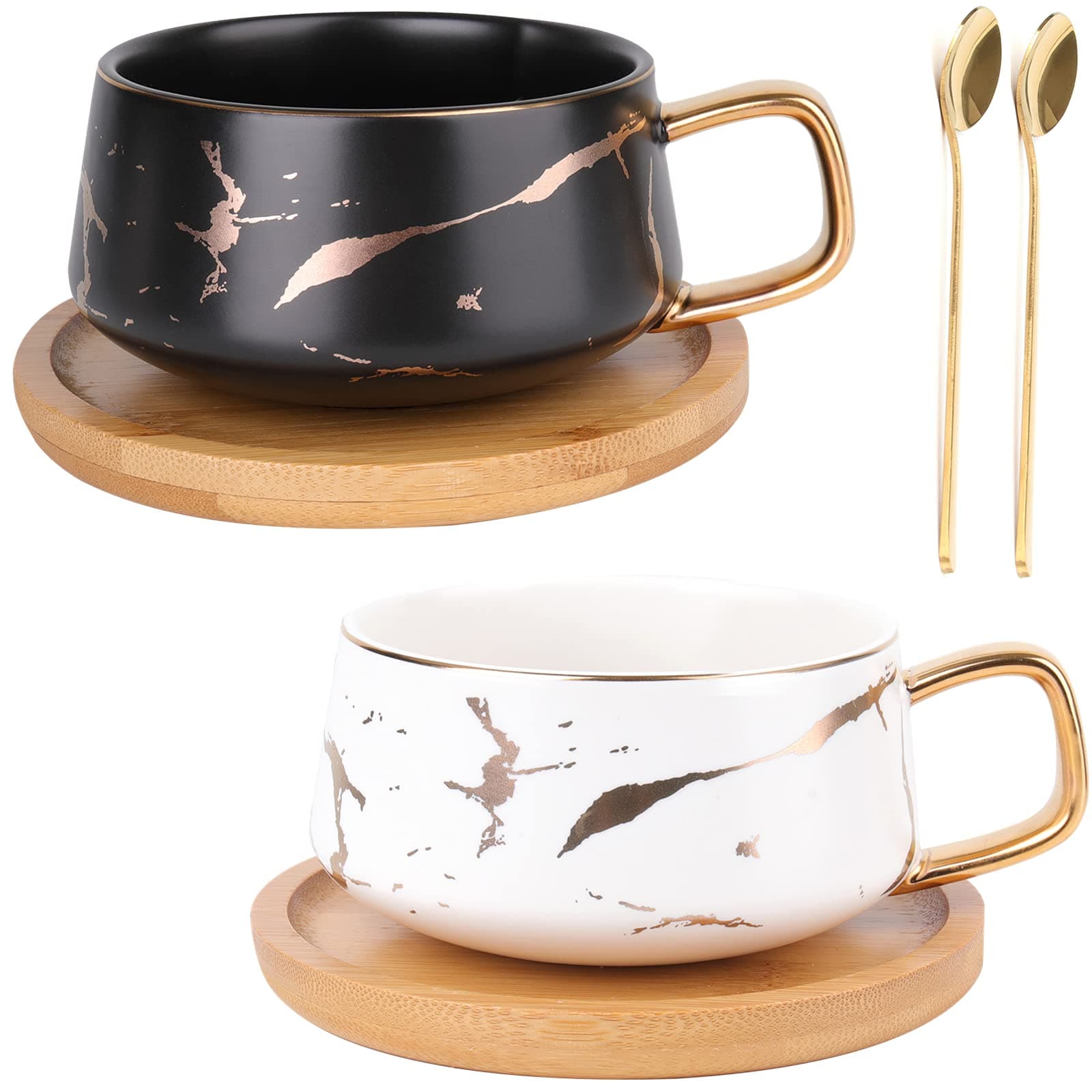 Peohud 2 Pack Ceramic Tea Cup and Saucer Sets, 300ml Marble Flat Cappuccino Mugs, Porcelain Coffee Mug with Spoon and Bamboo Saucer, Marble Espresso Cups for Latte, Americano, White and Black