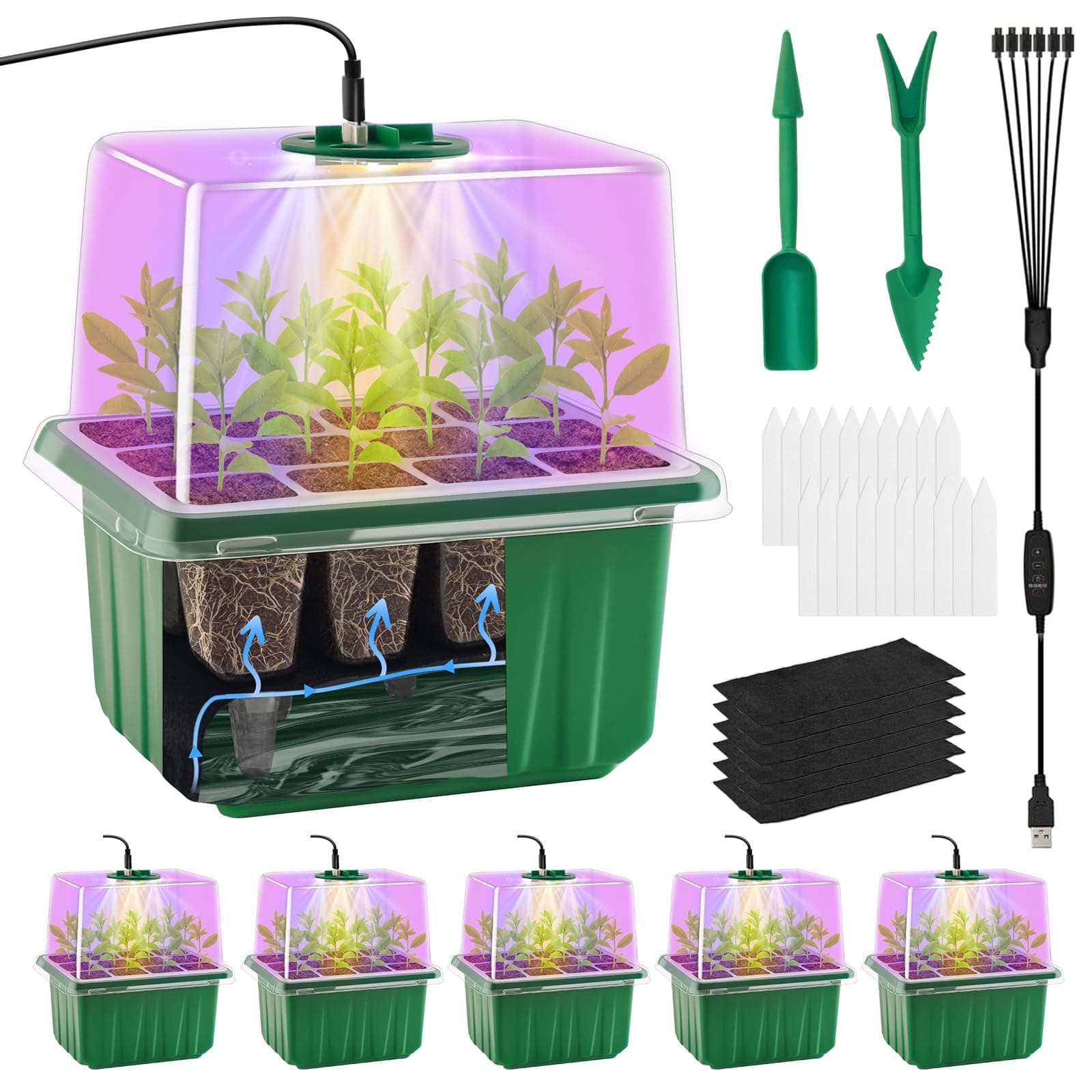 - Self-Watering Seed Starter Tray with Timed Grow Light, 6 Packs Plant Starter Tray Seedling Starter Kit with Humidity Domes Base Indoor Mini Greenhouse for Gardening Seeds Growing Starting