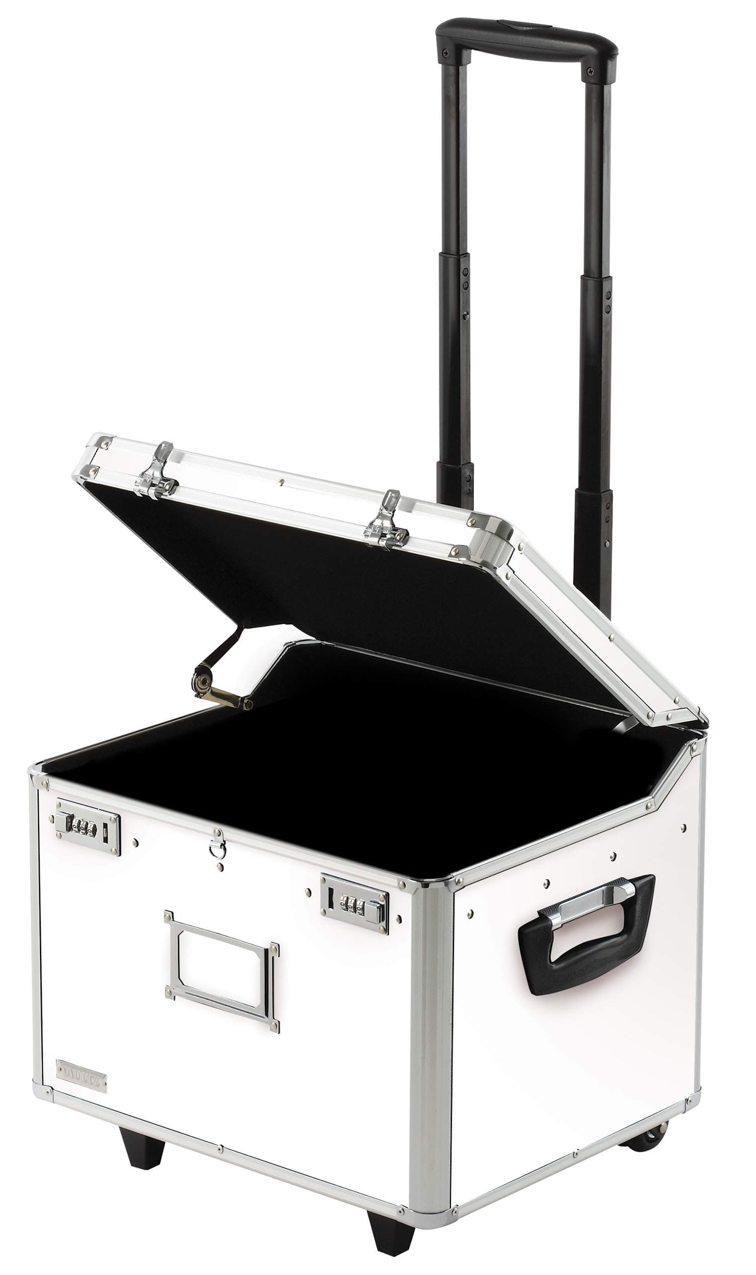 Vaultz Portable File Box with Handle - 15 x 14 x 17 Inch Letter/Legal Size Mobile Lock Box with Wheels for Filing & Storage - Double Combination Locking Cabinet - White