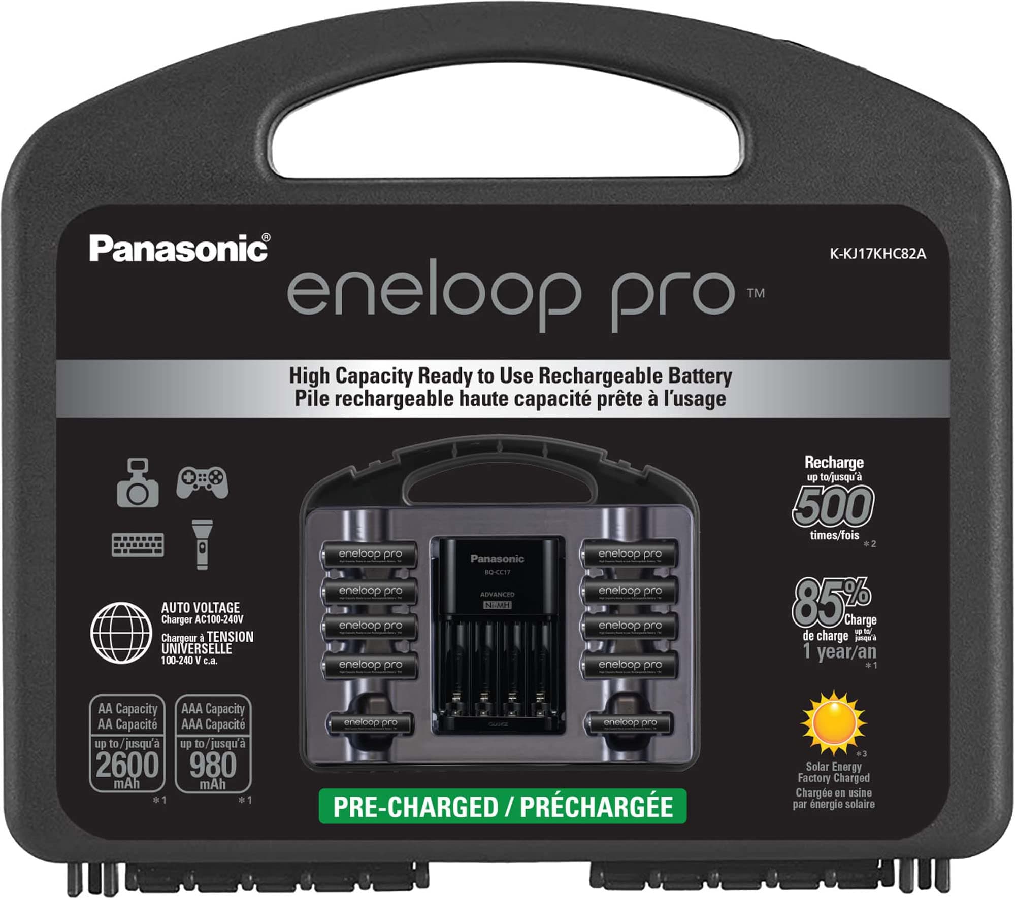 Panasonic K-KJ17KHC82A eneloop pro High Capacity Power Pack, 8AA, 2AAA, with Advanced Individual Battery Charger and Plastic Storage Case