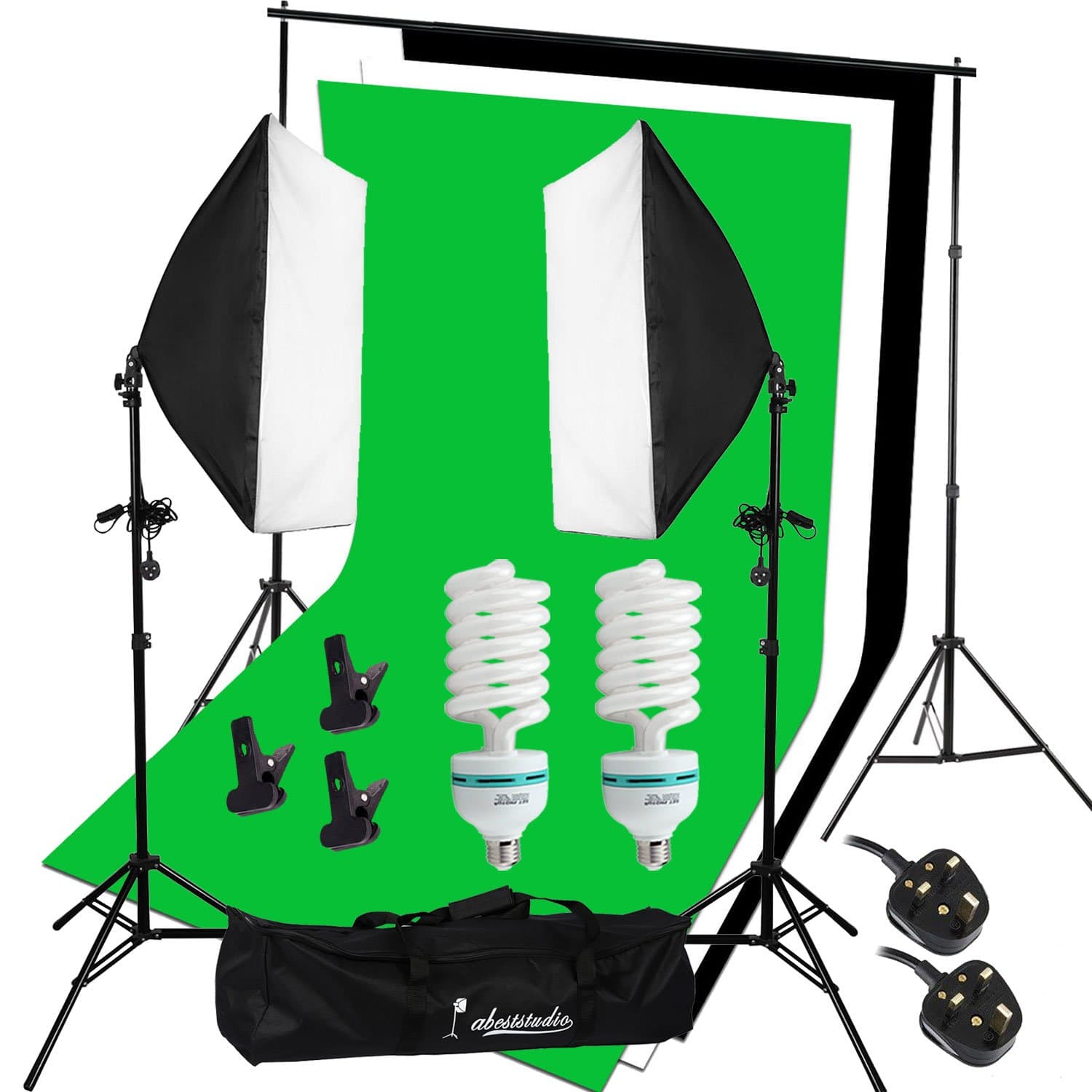 Abeststudio1350W Continuous Lighting 50 x 70cm Softbox kit and Black chromakey Green White Backdrops Soft box Equipment Kit Portable Photo Studio with 2 x 135W 5500K Lamp Bulbs + Free Carry Bag ( 2.3m cable, UK plug, E27 Socket )
