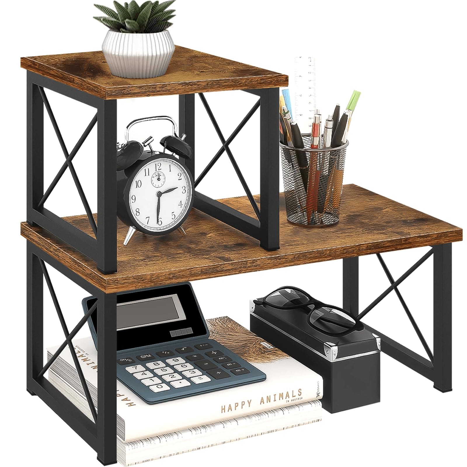 ELITEROO Wood Desktop Shelf, Desktop Storage Organizer Display Shelf Rack, Kitchen Counter Organizer, 2 Tier Stackable Desk Stand, Freestanding Small Bookshelf Desk Supplies Organizers, Rustic Brown