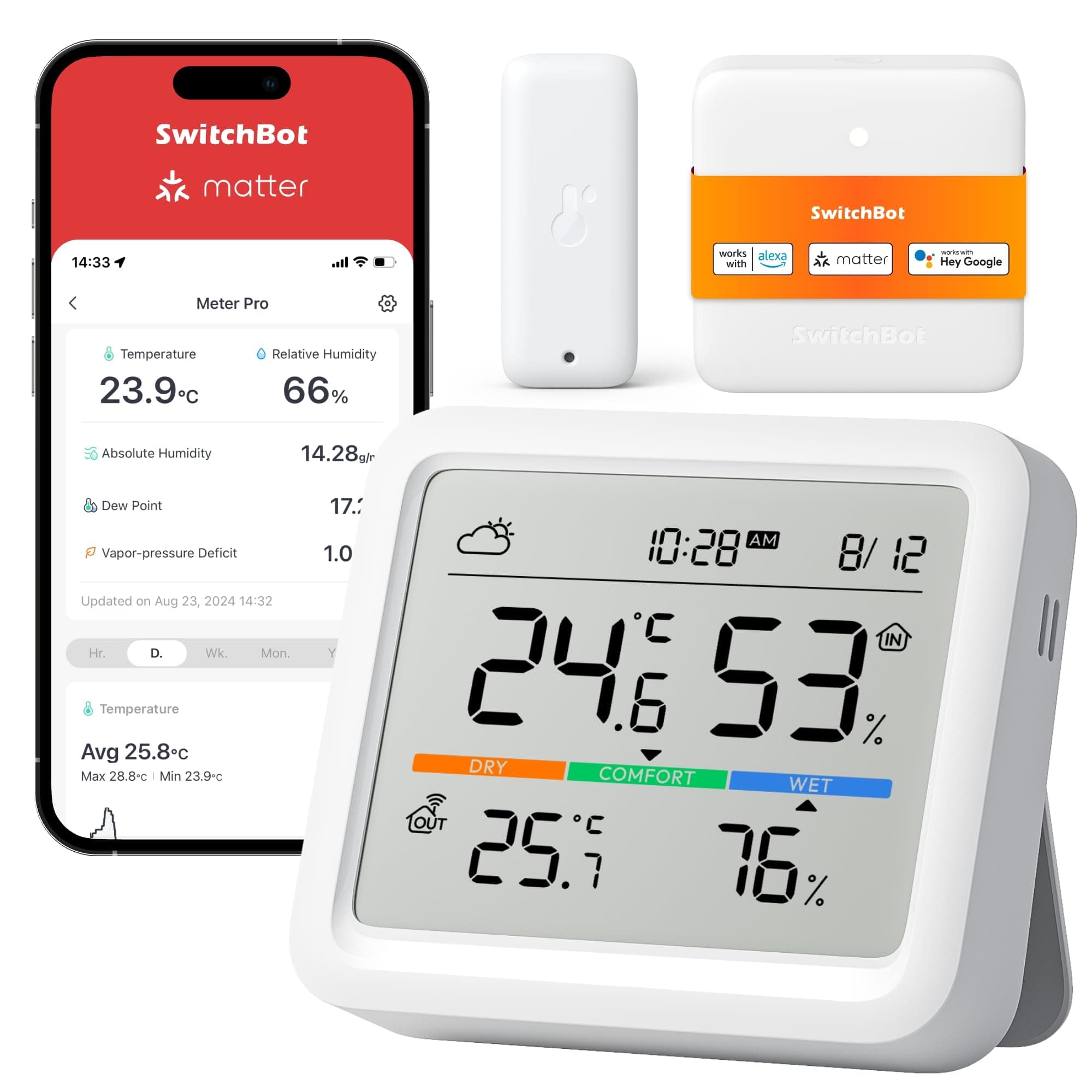 WiFi Weather Stations with Outdoor Sensor Wireless UK, Temperature Humidity Monitor with Date and Weather Forecast, Matter Hub Makes Station Work with Alexa, Apple Homekit, Google Home