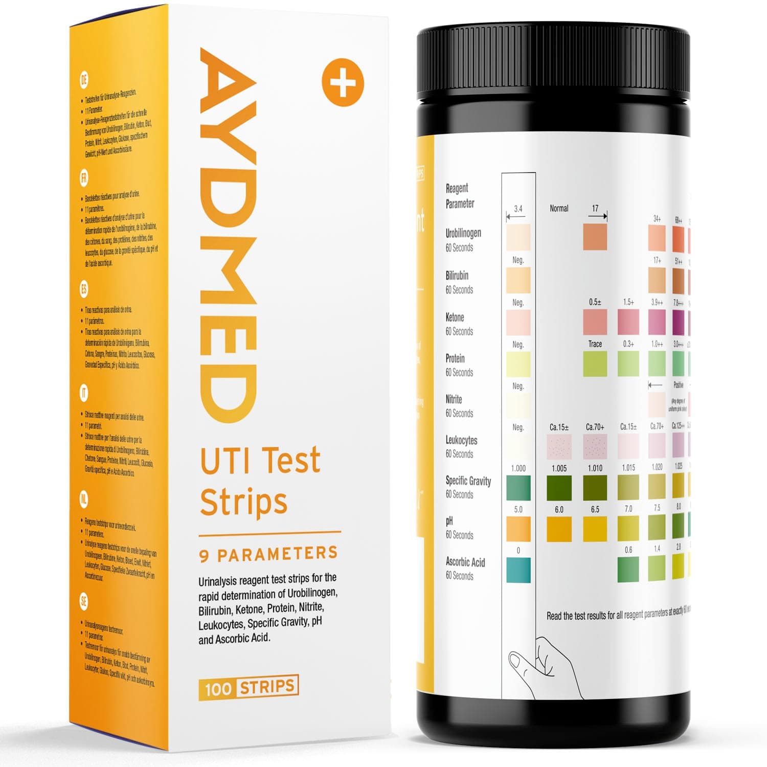 100 x AYDMED 9-in-1 UTI Test Strips | 9 Parameter Urine Test Strips for Leukocytes, Nitrite, Specific Gravity, pH, Protein, Urobilinogen, Bilirubin, Ketone & Ascorbic Acid | FSA & HSA Eligible