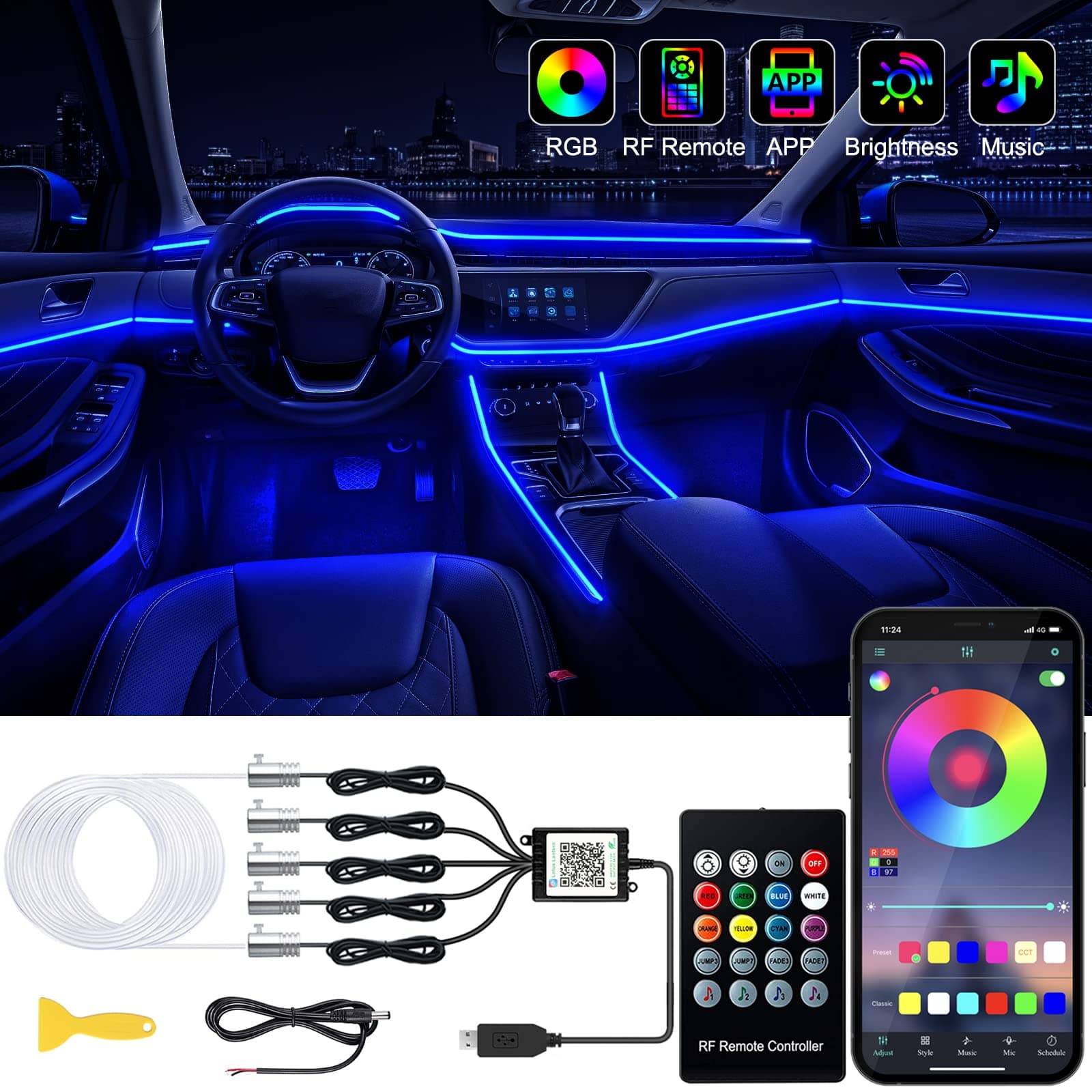 Jushope Interior Car LED Strip Lights with Wireless APP and Remote Control, RGB 5 in 1 Ambient Lighting Kits with 236 inches Fiber Optic, 16 Million Colors Car Neon Lights, Sync to Music