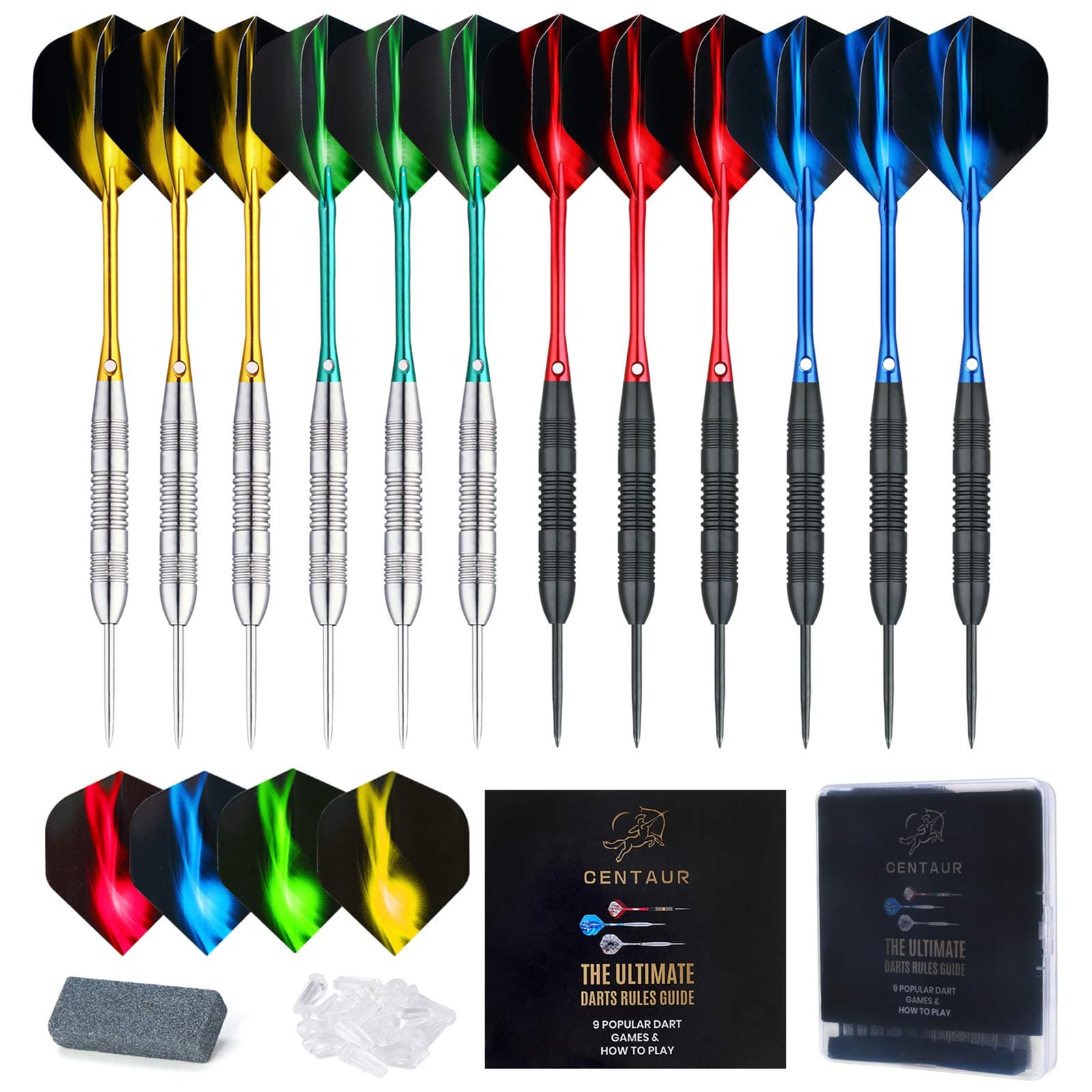 12 Pack Steel Tip Darts, Professional 22/24 Grams Metal Dart Set with 4 Color Premium Aluminum Shafts and 4 Style PET Flights and Dart Case, Beginner or Professional Darts