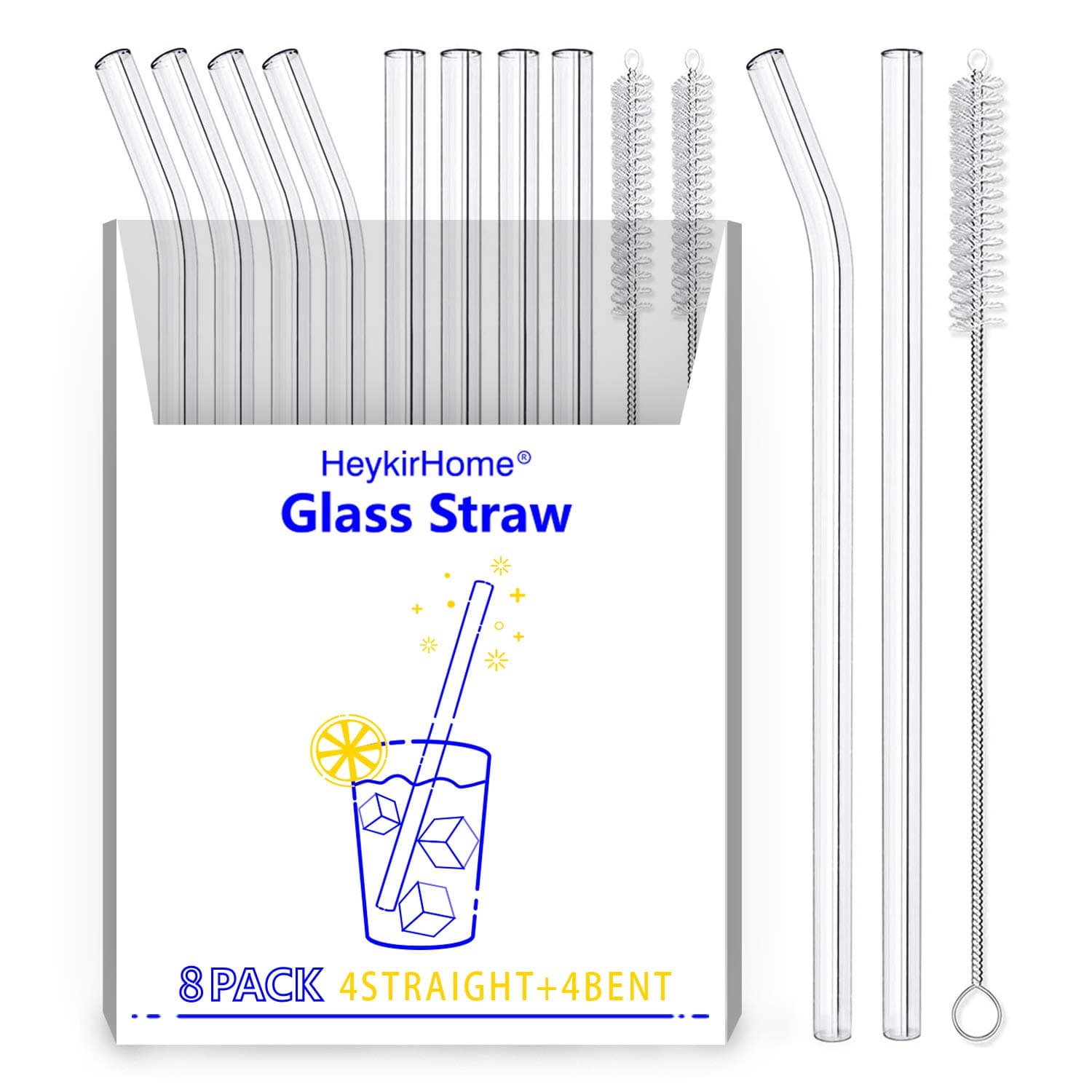 8-Pack Reusable Glass Straw,Size 8.5''x10 MM,Including 4 Straight and 4 Bent with 2 Cleaning Brush- Perfect For Smoothies, Tea, Juice
