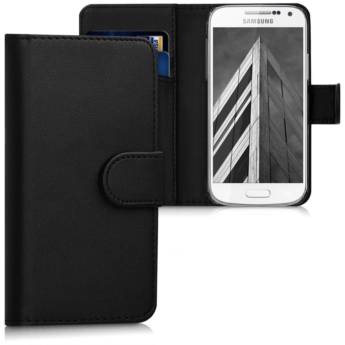 kwmobile Case Compatible with Samsung Galaxy S4 Mini - Wallet Case PU Leather Phone Cover with Card Holder Slots - Black