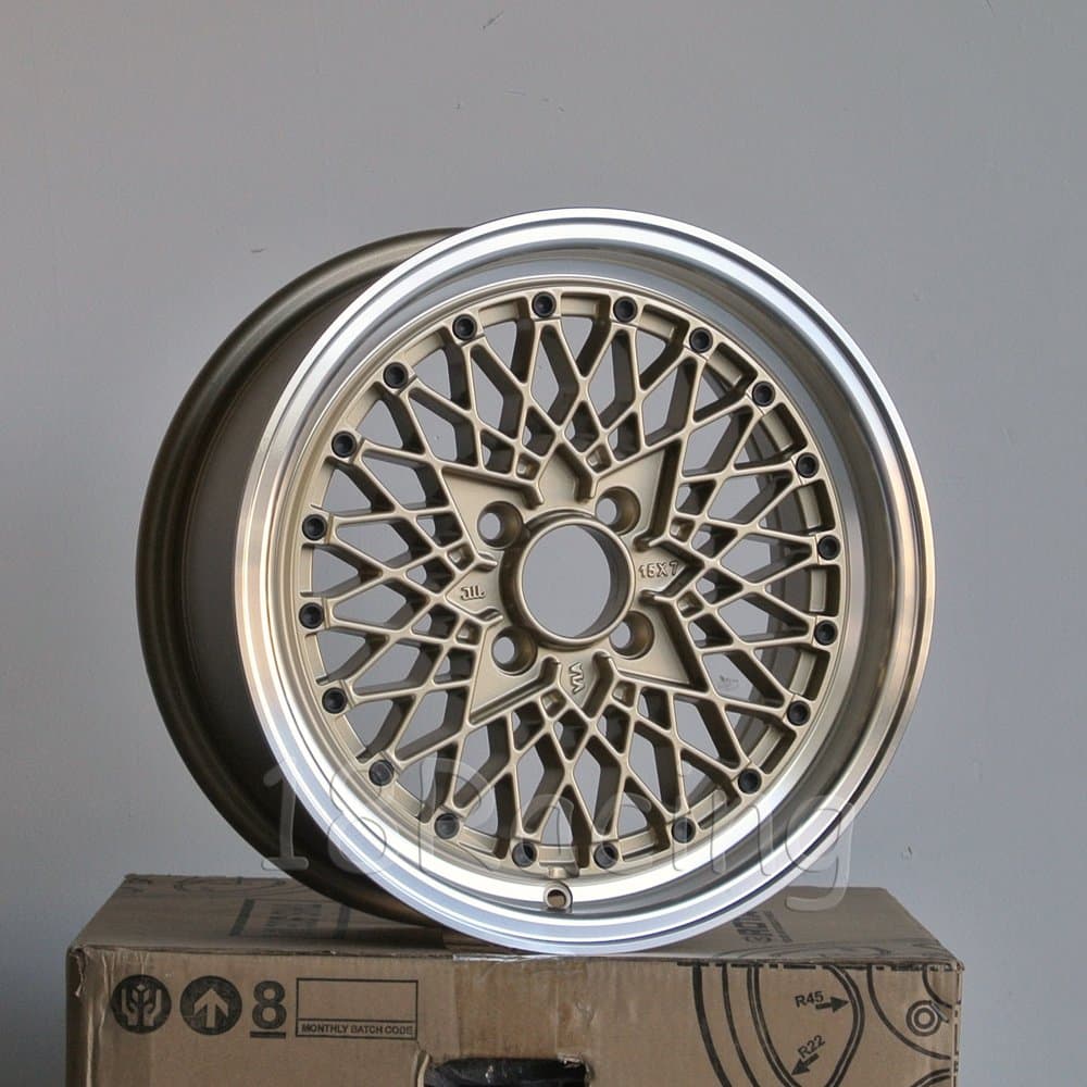 4 PCS ROTA OS MESH WHEELS 15X7 PCD:4X100 OFFSET:25 HB:57.1 GOLD WITH POLISH LIP FIT FOR BMW E30 2002