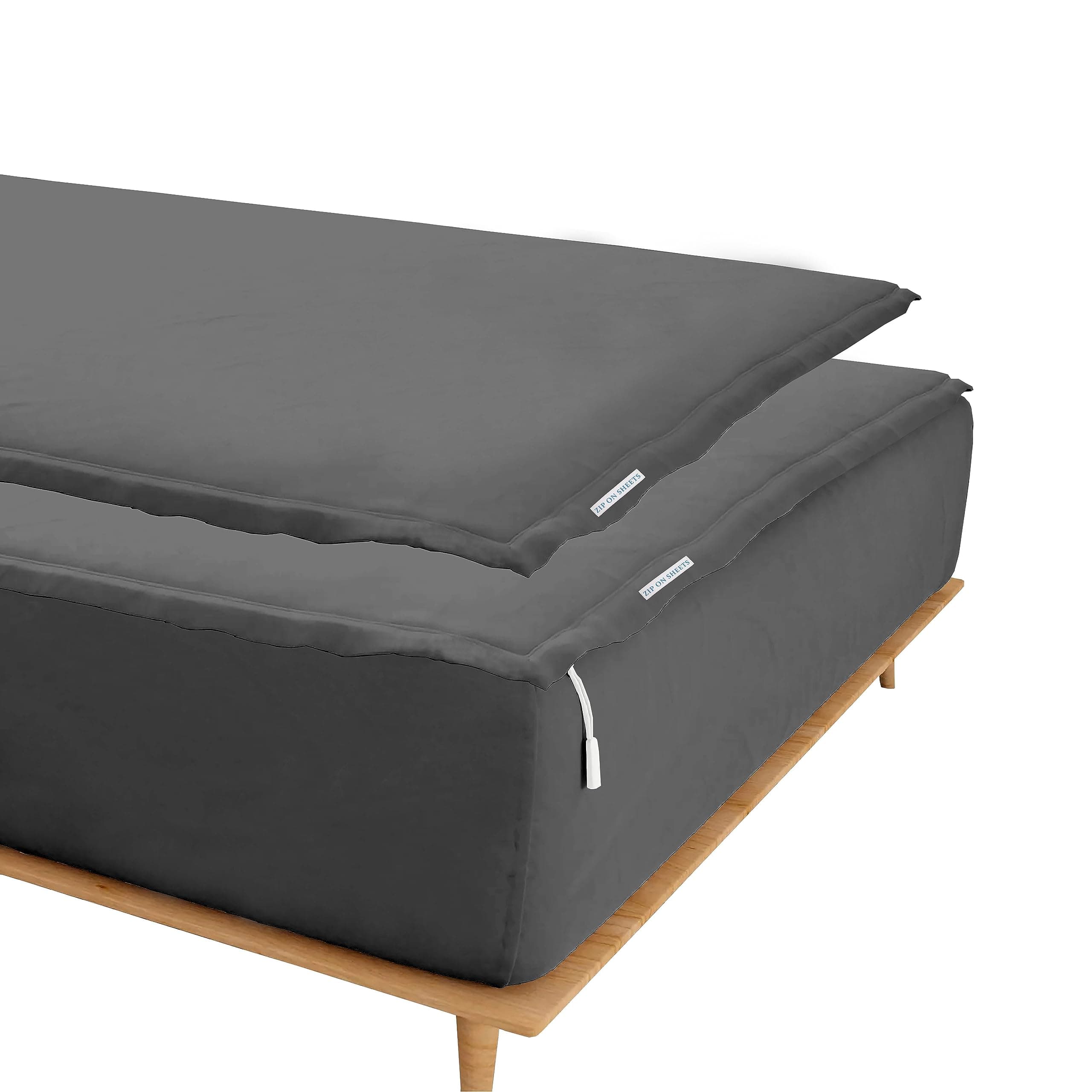 Zip On Sheets™ Zipper Fitted Sheet Full Size - Upto 16” Inch Deep Pockets - Includes 1 Fitted Sheet Base & 2 Zip-On Sheets - Easy to Use, Sateen Cotton 500 TC Fitted Sheet - Dark Grey