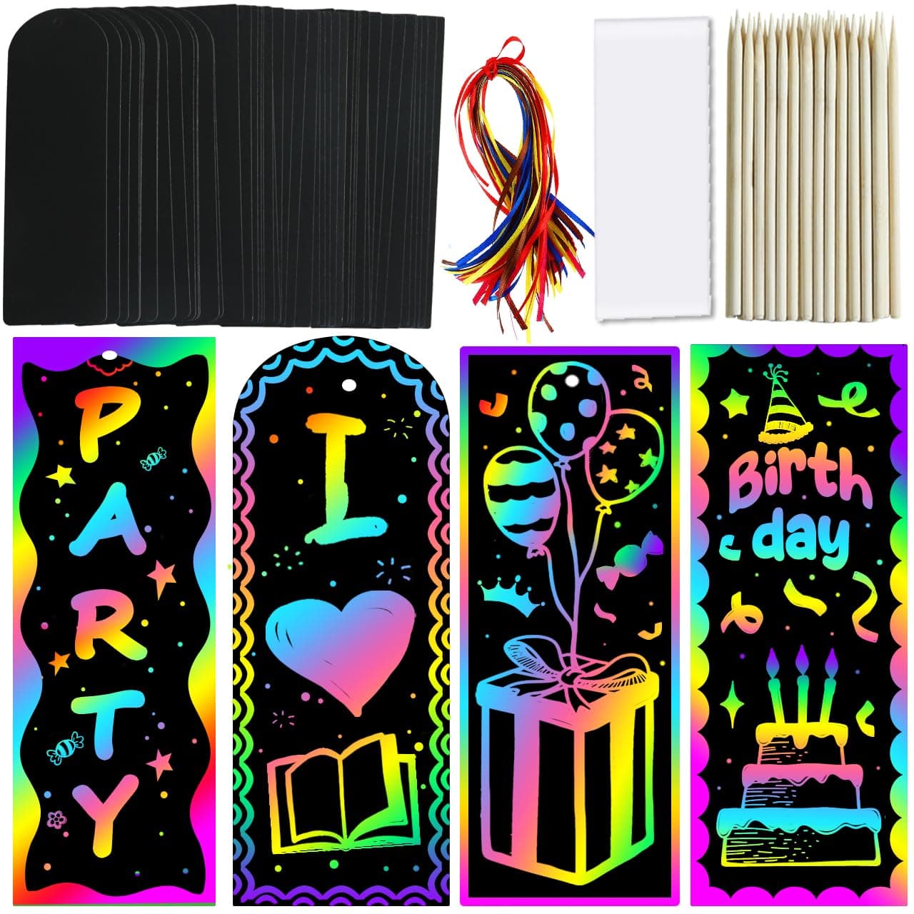 ZMLM Scratch Paper Art Bookmarks Kids: 36 Set Magic Rainbow DIY Art Craft Paper Bookmark Gift Tag Party Favor Goodie Bags Stuffers Pack Activity Bulk Making Kit for Boys Girls Birthday Game Classroom