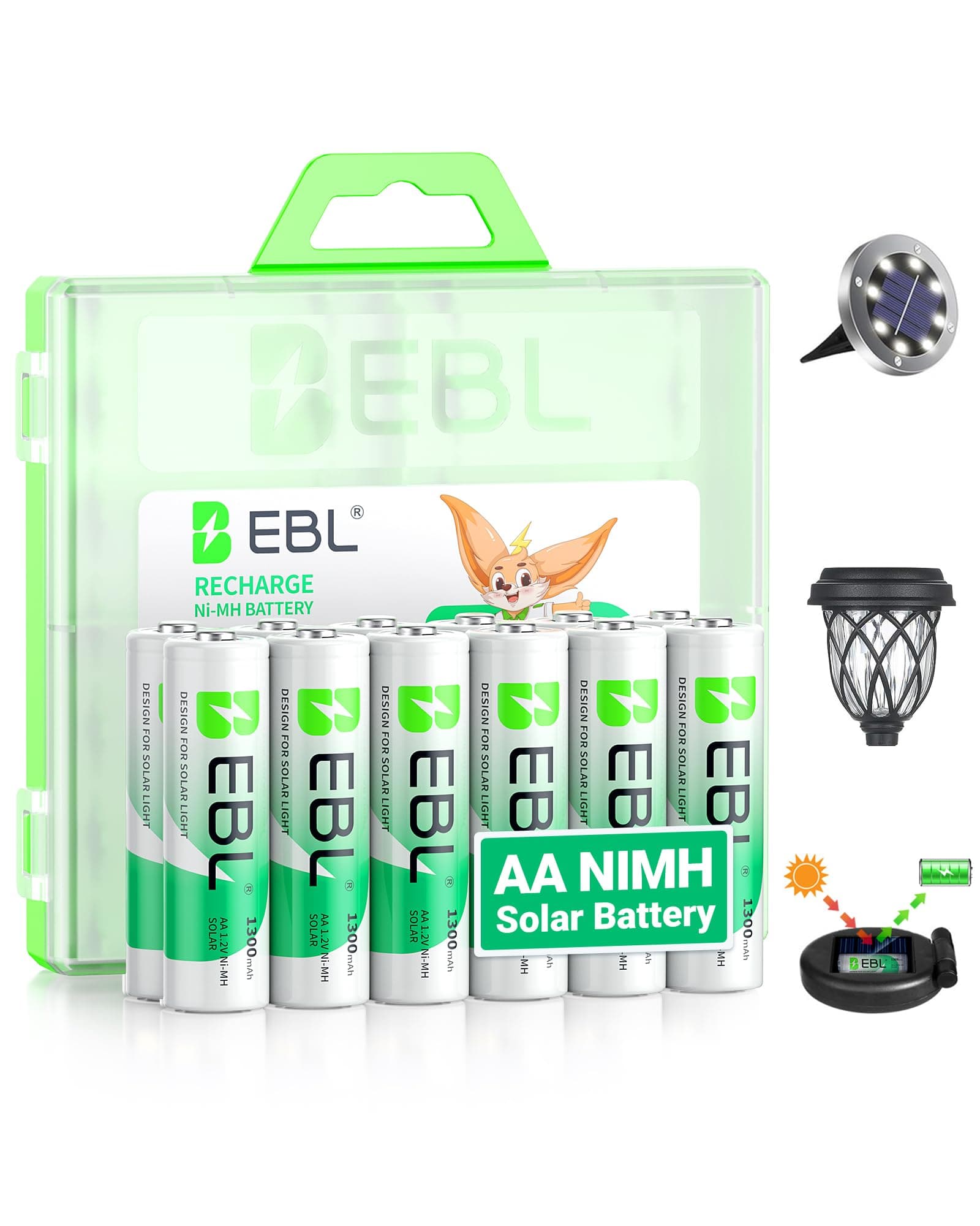EBL 12 Pack AA Rechargeable Battery for Solar Lights, NIMH Pre-Charged Double A Battery 1.2V 1300mAh Long Lasting Performance for Outdoor Garden Landscaping String Lights