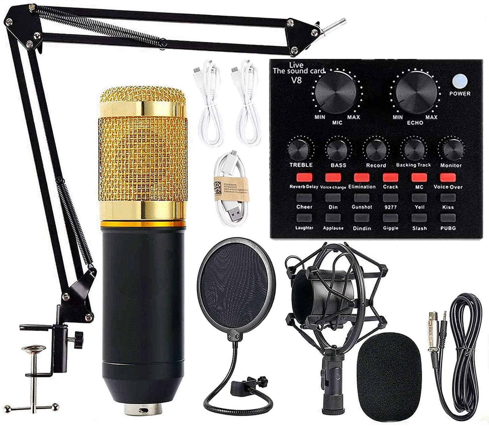 eWINNER BM-800 Podcast Condenser Microphone Bundle with v8 Sound Card/Condenser Studio Microphone for Laptop Computer Vlog Living Broadcast Live Streaming YouTube TikTok Gamer (Black/Gold), Bluetooth