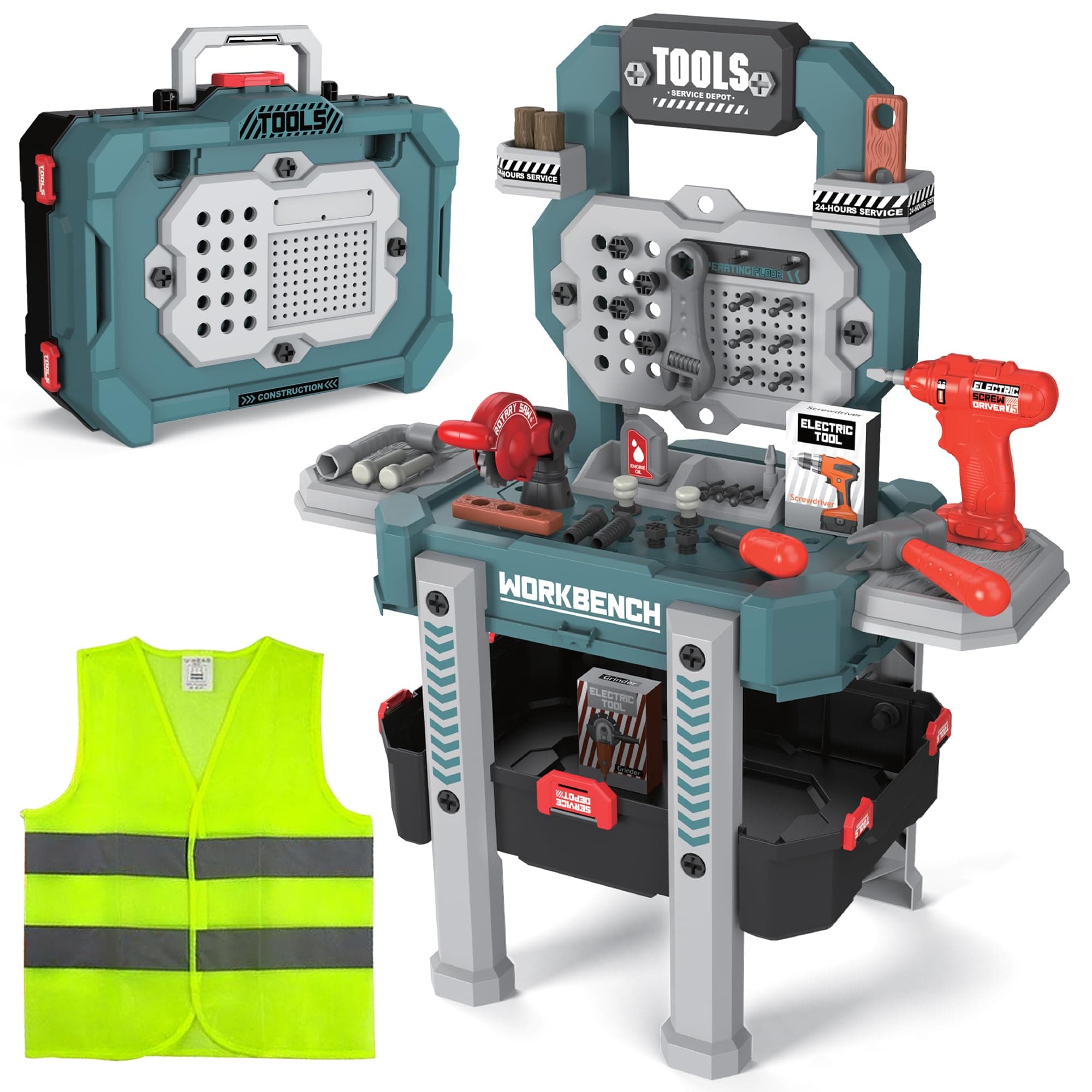 Kids Tool Bench with Realistic Tools and Electric Drill, 83 Pcs Transformable Kids Tool Set with Clothes, Toddler Tool Bench Learning Gift for Boys & Girls3, 4, 5 Stickers Vest (Green)
