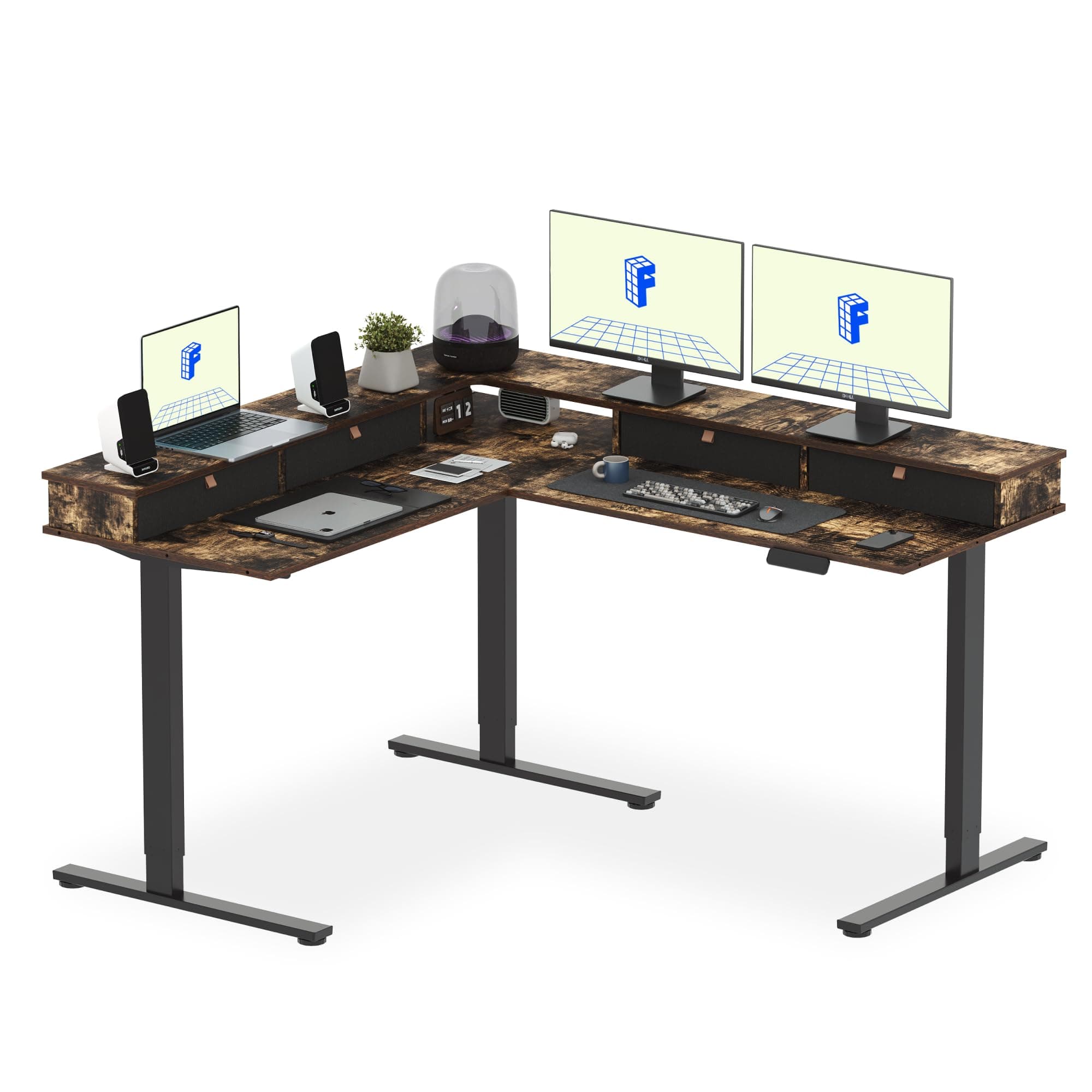FLEXISPOT 63" L Shaped Standing Desk Electric Corner Table with Shelf, 4 Storage Drawers, Adjustable Computer Workstation for Home, Office, Game, Studio, Rustic Brown Top + Black Frame