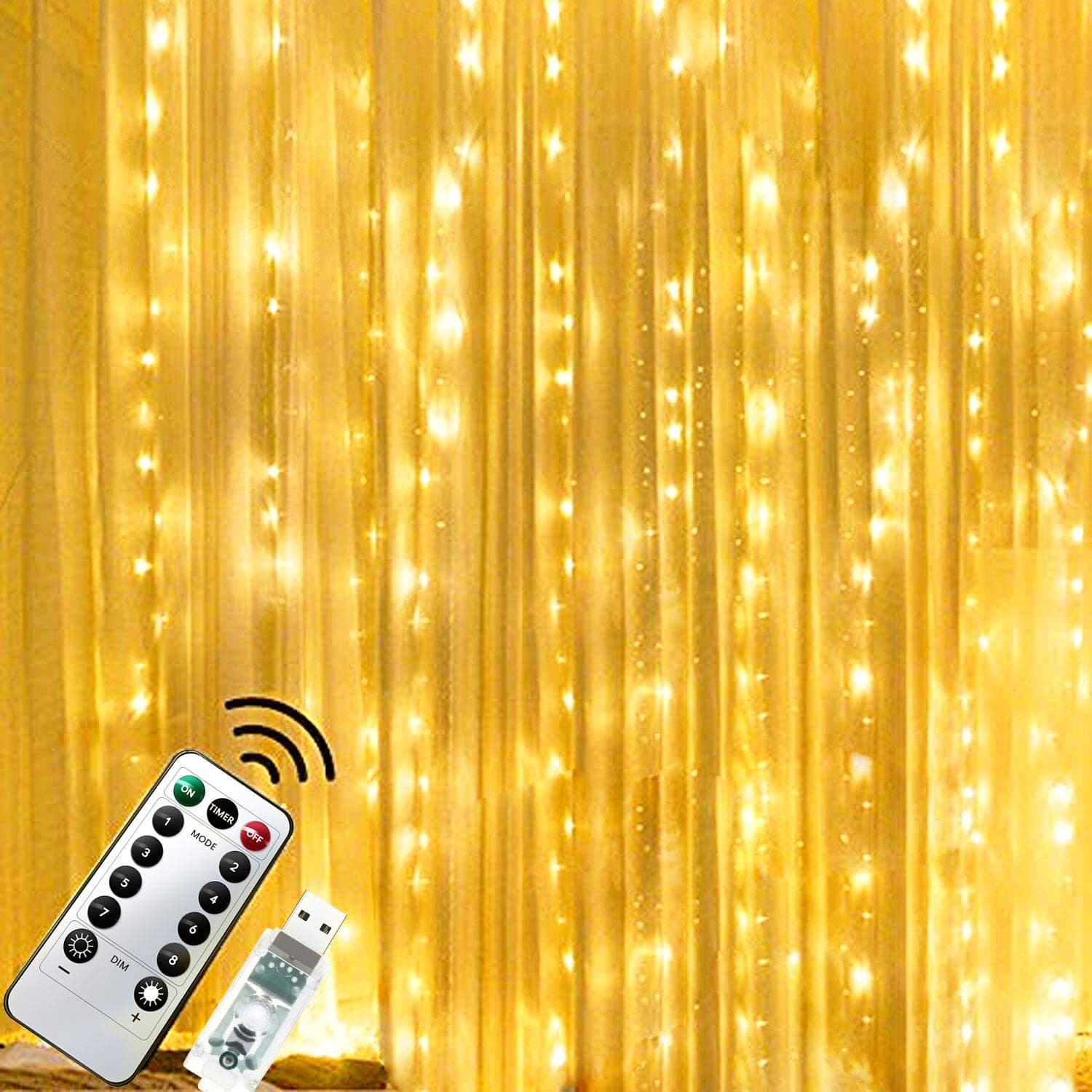 Chipark 300 LED Curtain Lights, 3mx3m USB Window Fairy String Lights with 8 Modes Remote Control Timer Waterproof Copper Light for Outdoor Indoor Wedding Party Garden Bedroom Decoration(Warm White)