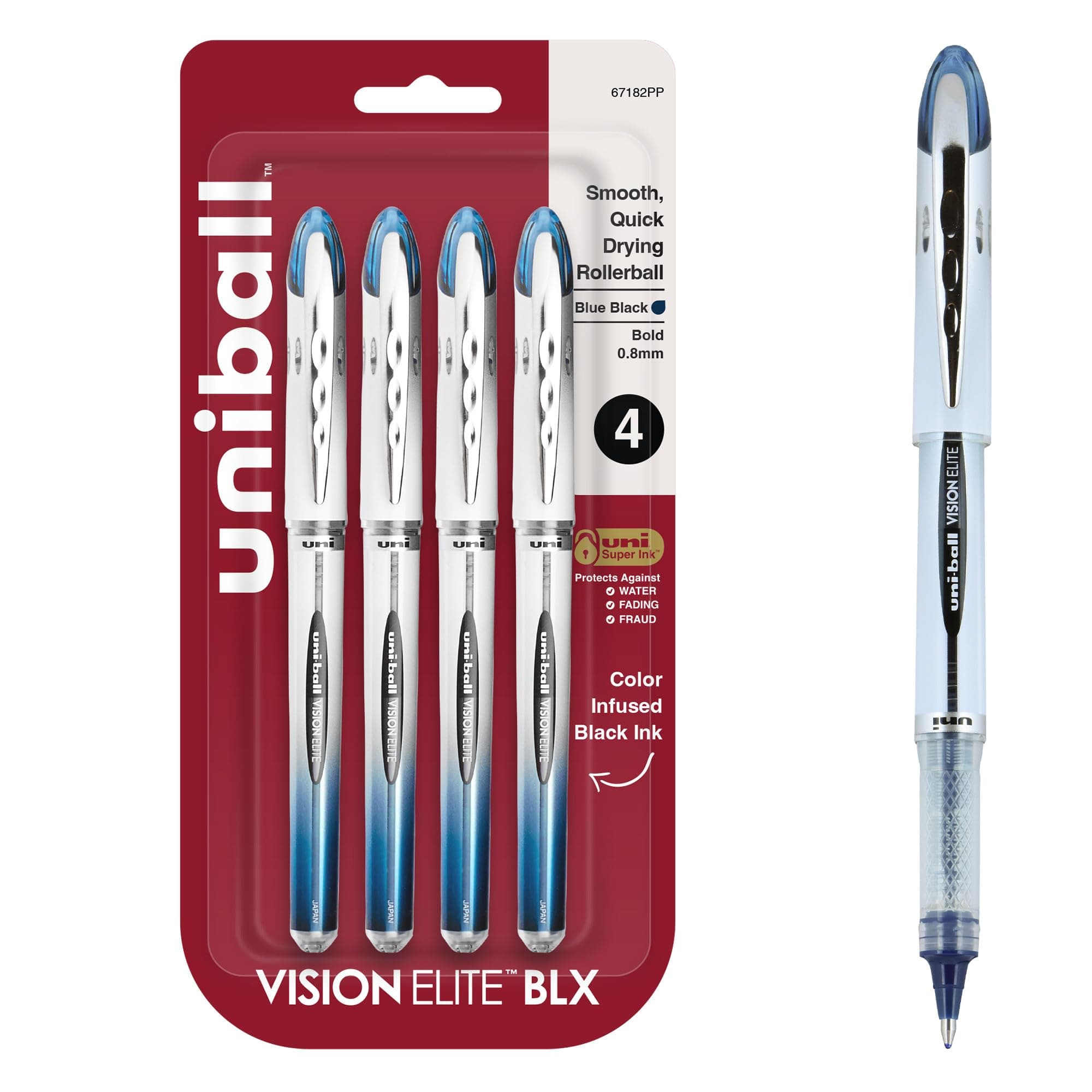 uniball Vision Elite BLX Rollerball Pens, Bold Point (0.8mm), Blue BLX Ink, 4 Pack