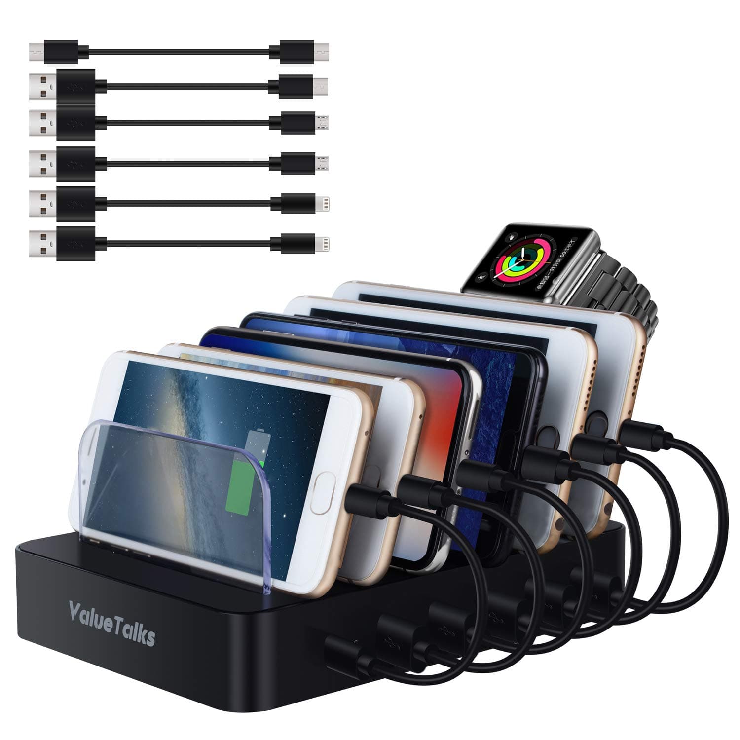 ValueTalks Multi Charging Station 50W Fast Charging Docking Station Detachable 6 Port USB Charging Dock with Switch for Tablet Phone