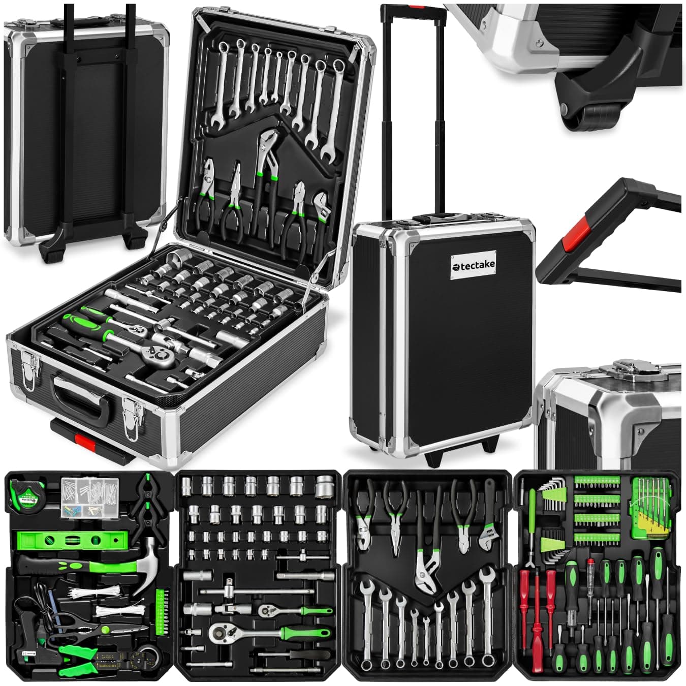 tectake® Portable Tool Box Trolley, 1,200-Piece Kit with 4 Drawers & Wheels, Essential DIY Tools Set, Home & Office Hand Tools, Mechanic Spanner Organiser, Home Improvement Starter Kit