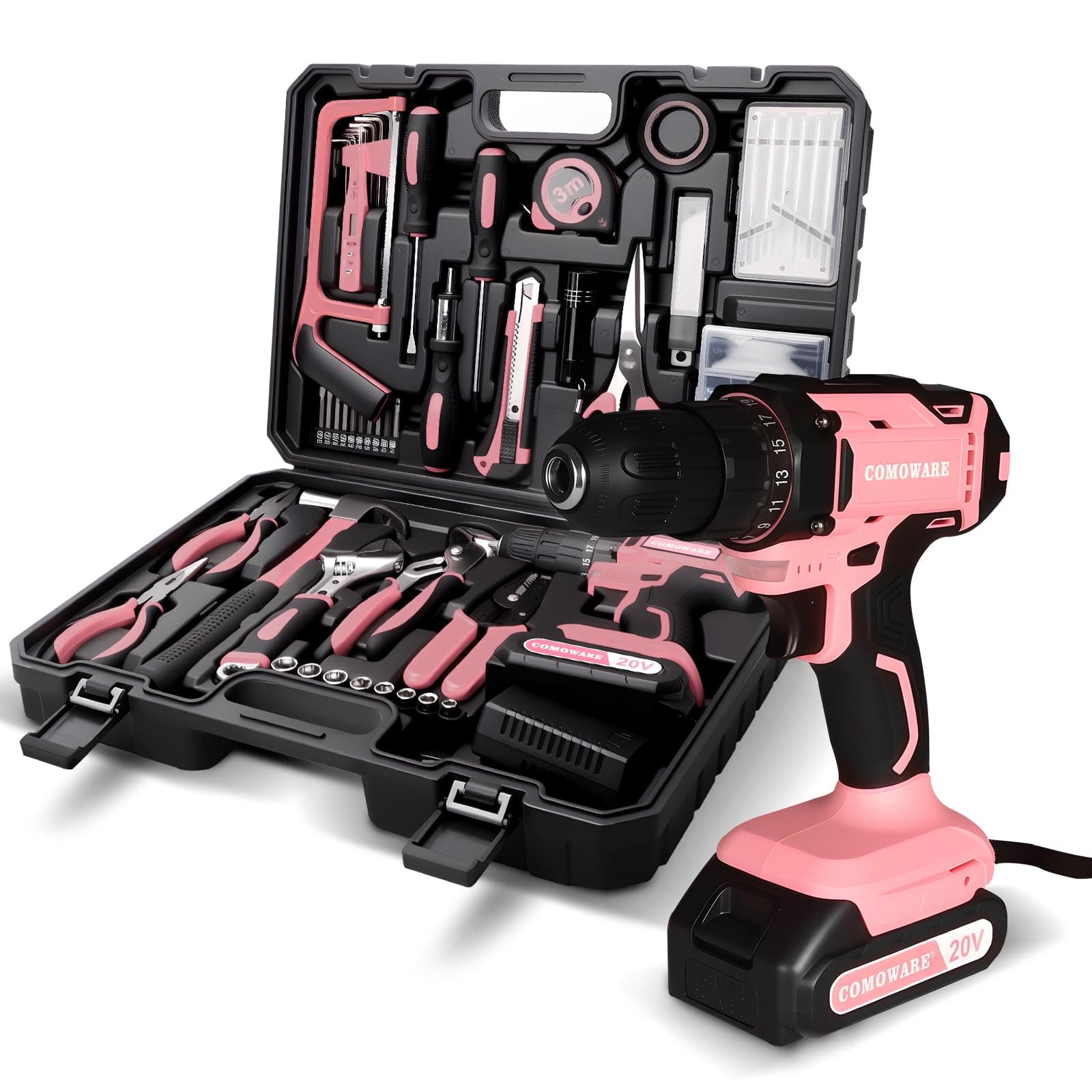 COMOWARE Pink Household Tool Set with 20V Cordless Drill Driver, 120Pcs Hand Tool Kit for Women, Power Drill Set with Plastic Toolbox, Ideal for Office, Garden, DIY Project