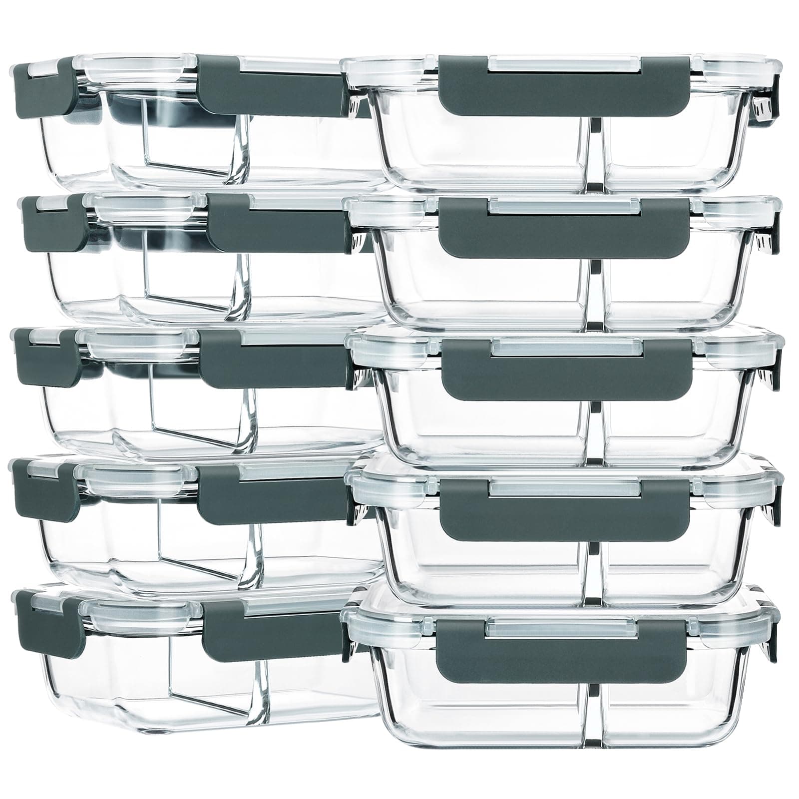 10-Pack,30 Oz Glass Meal Prep Containers 2 Compartments Airtight Lunch Bento Boxes with Lids, Glass Food Storage Containers, Microwave, Oven, Freezer and Dishwasher