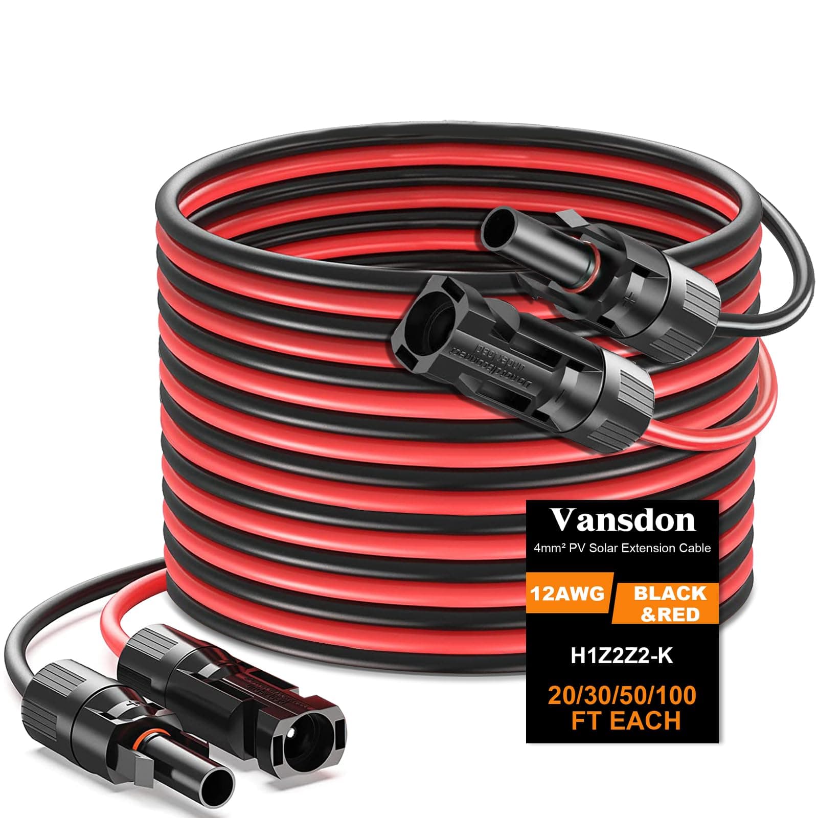 2x20 Feet Solar Panel Extension Cable, 12AWG Solar Cable, Solar Panel Cable with Female and Male Waterproof Connectors for RV, Photovoltaic Systems (20FT Red + 20FT Black)