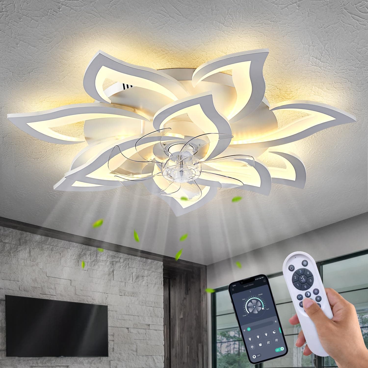 HuixuTe 32" Modern Geometric Ceiling Fan with Lights Remote Control, White 6 Speeds 3 Colors Low Profile Ceiling Fan with Light for Living Room