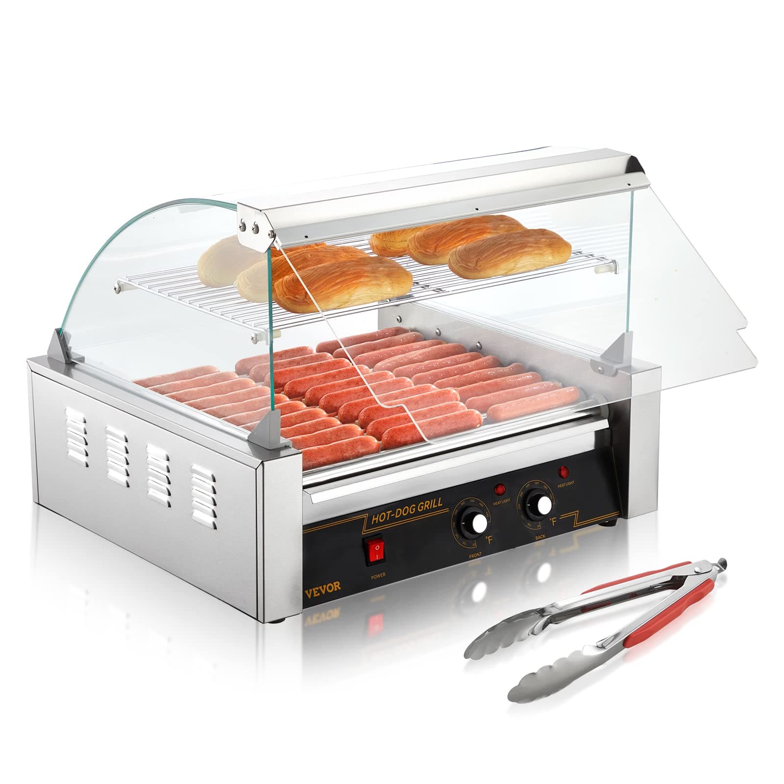 VEVOR Hot Dog Roller, 30 Hot Dog Capacity 11 Rollers, 1800W Stainless Steel Cook Warmer Machine w/Cover & Dual Temp Control, LED Light & Detachable Drip Tray, Sausage Grill Cooker for Kitchen Canteen