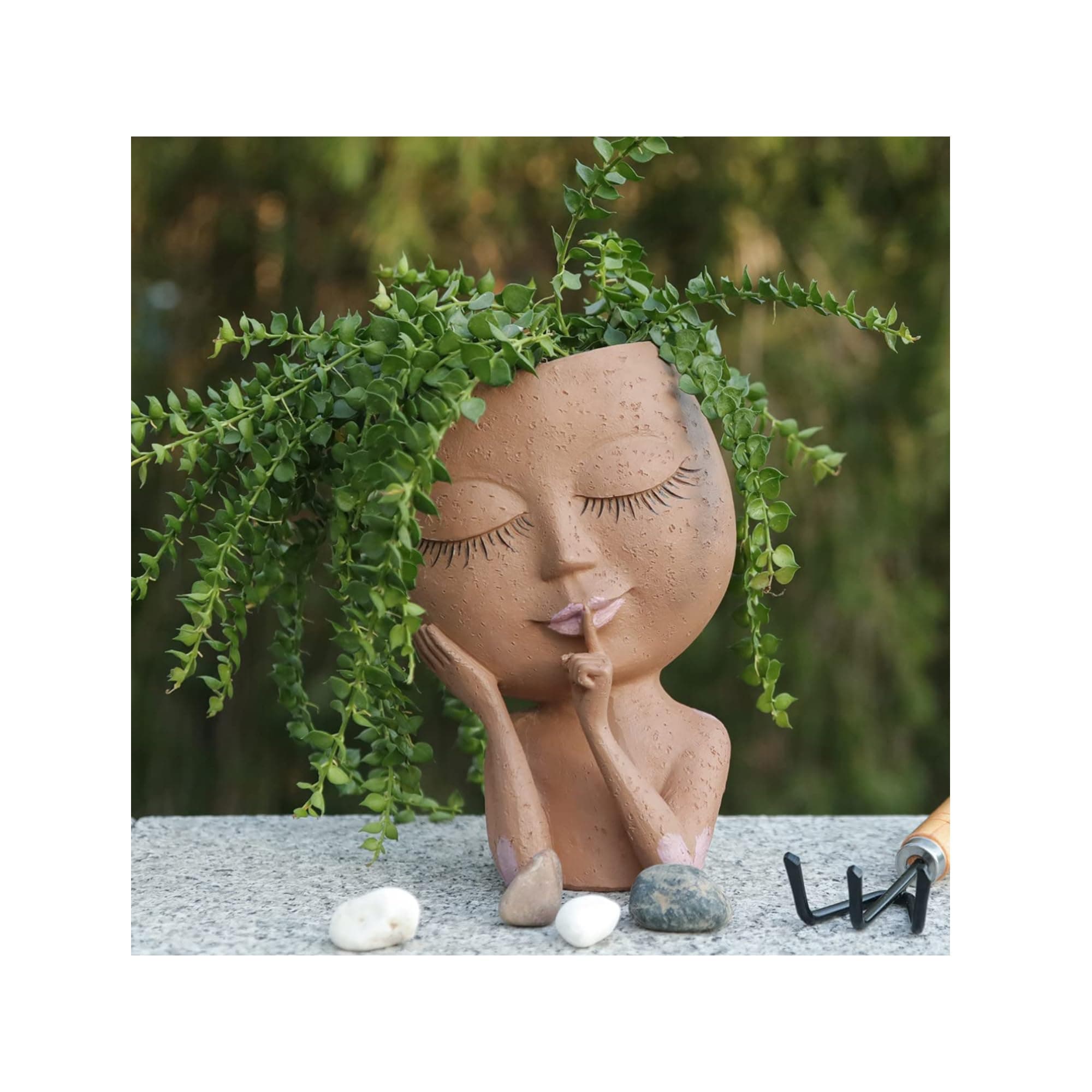 HUNTHAWK Face Planter Pot Head Planters Pots Unique Flower Pot for Indoor Outdoor Plants Resin Head Planter with Drainage Hole Cute Lady face Plant Pots Closed Eyes (Brown/Dark)