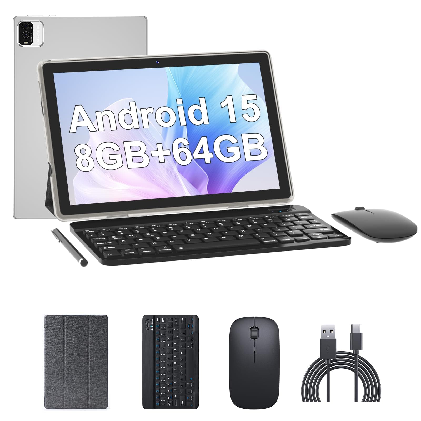 Tablet 10.1 Inch Android 12 OS Tableta with Keyboard, Stylus, 2 in 1 Tablets, Mouse, Case, Tempered Film, 32GB ROM+2GB RAM, 8MP Dual Camera, Quad Core Processor, 6000mAh Battery, 1280 * 800 FHD Tab