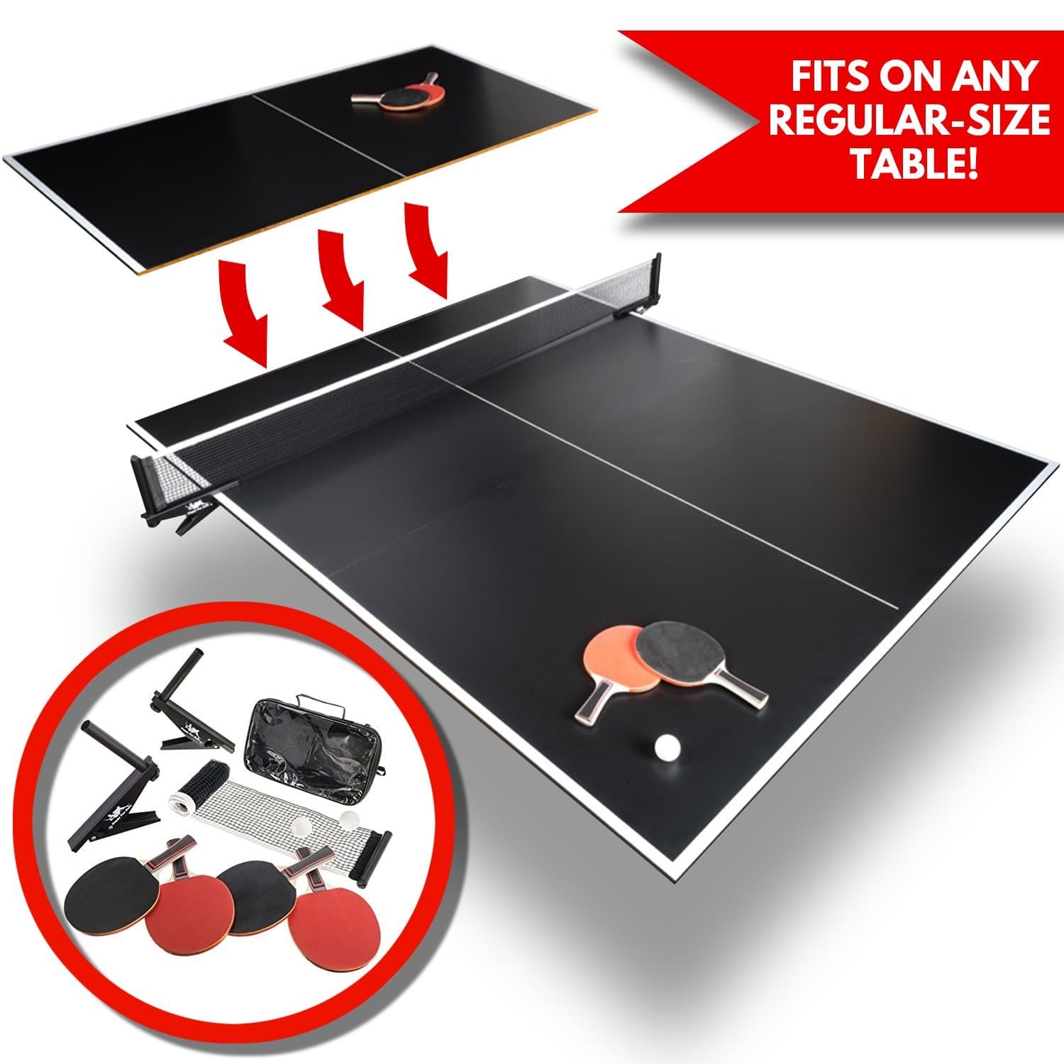 Convertible Table Tennis Top | Full Size | Tri Folding Portable Ping Pong Conversion Set | Includes Balls, 4x Racket and Net | Foldable Tops for Pool Tables