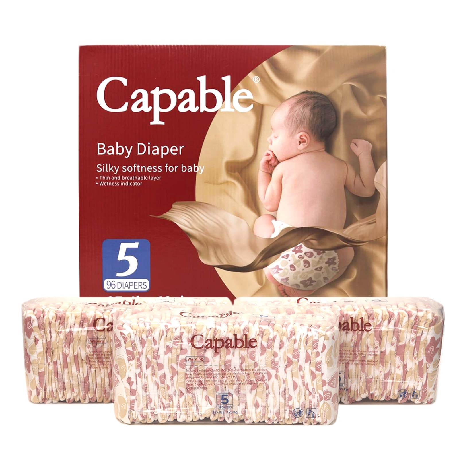 Capable Newborn Diapers Size 5, 96 Count, Triple Leak-Proof Baby Diapers, Hypoallergenic Disposable Diapers with Wetness Indicator, Extra-Absorbent, Light and Snug