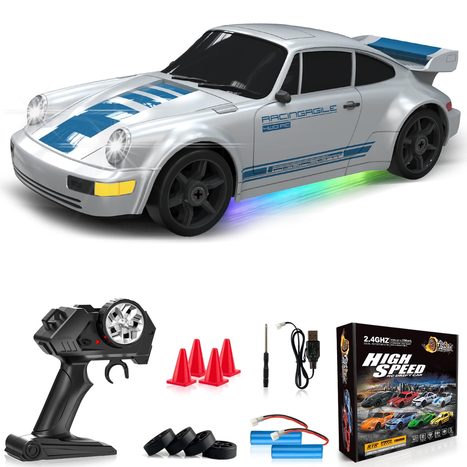 Remote Control Car RC Drift Car 2.4GHz 1:24 4WD 15KM/H High Speed Racing Sport Car with LED Lights Drifting Tire Racing Sport Toy for Adults Boys Girls Kids Gift 2Pcs Rechargeable Batteries