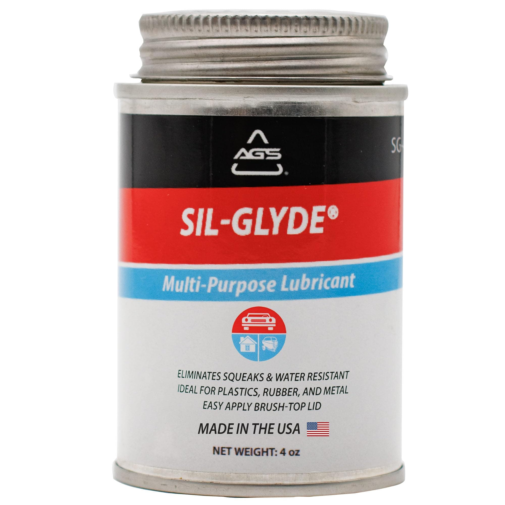 AGS Automotive Solutions SIL-Glyde Brush Top Can Multi-Purpose All-Weather Lubricating Compound for All Surfaces, 4 oz Lubricant Can, Silicone Lubricant, Ensure Friction Resistance