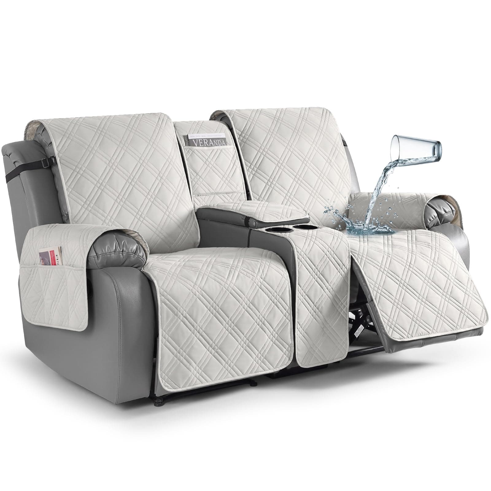 Loveseat Recliner Cover with Console, Non-Slip Split Reclining Pet Cover for Dual Loveseat Recliner, Furniture Protector with Elastic Straps (2 Seater, Off White)